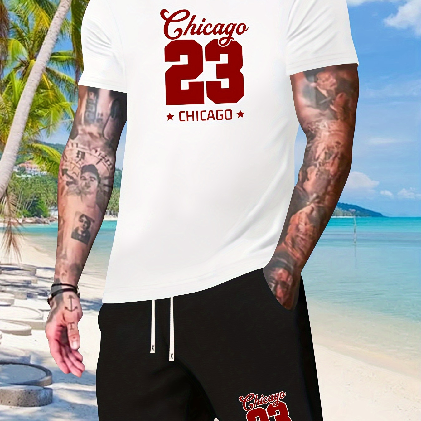 

Letter And Number 23 Print Men's Short Sleeve T-shirt & Drawstring Shorts 2pcs Casual Sports Regular Top Pants Suit Outfits For Spring Summer