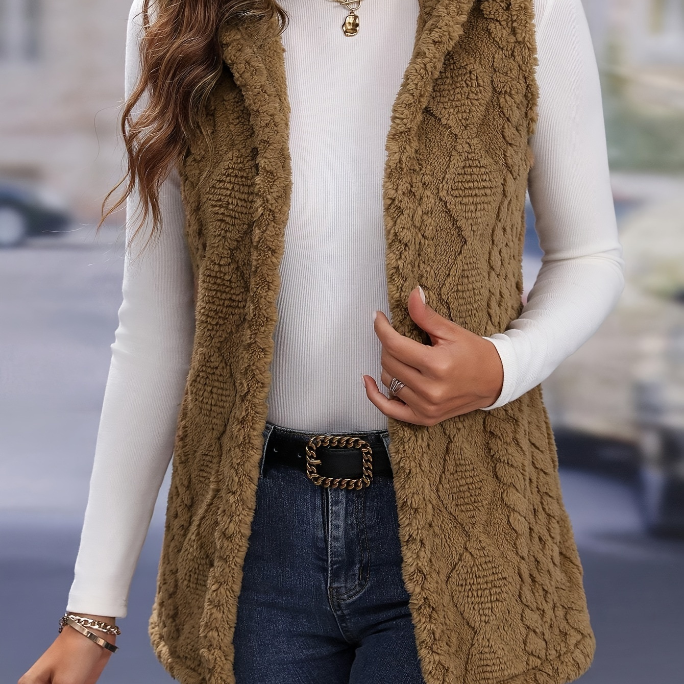 

Elegant Women's Reversible Ginger Textured Fleece Hooded Vest - Machine Washable, Solid Color, Knit Top