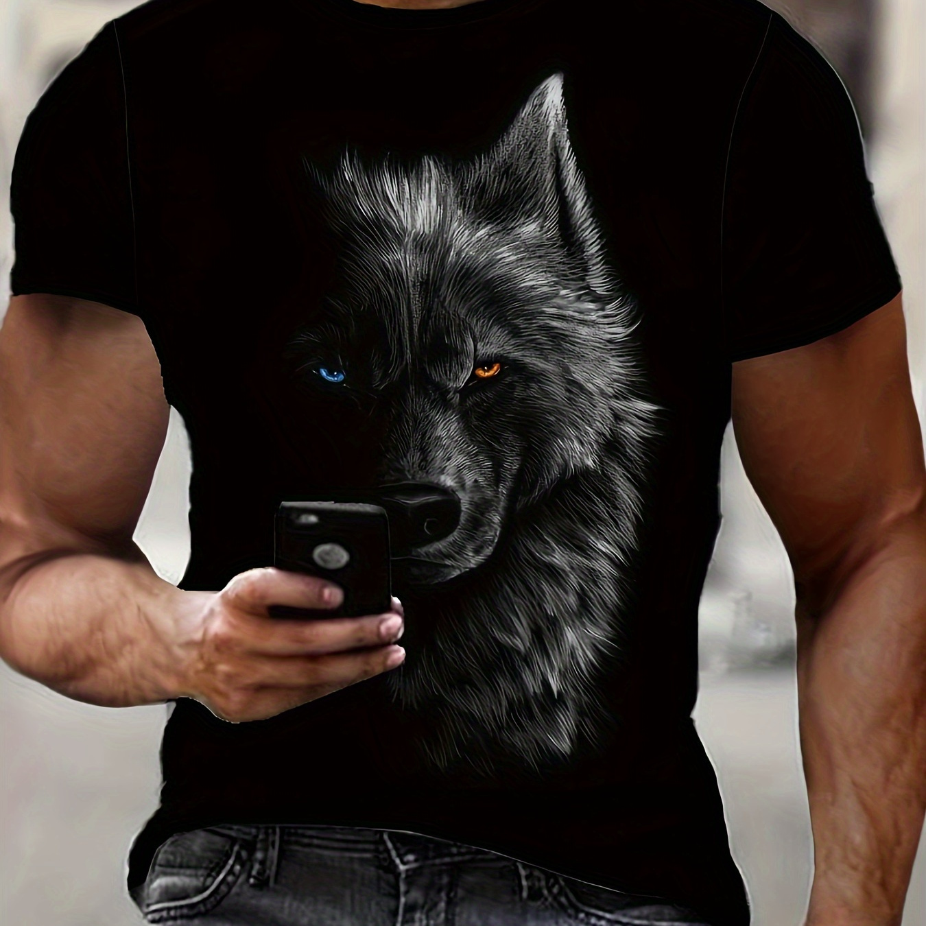 

Men's Wolf Print T-shirt, Casual Short Sleeve Crew Neck Tee, Men's Clothing For Outdoor