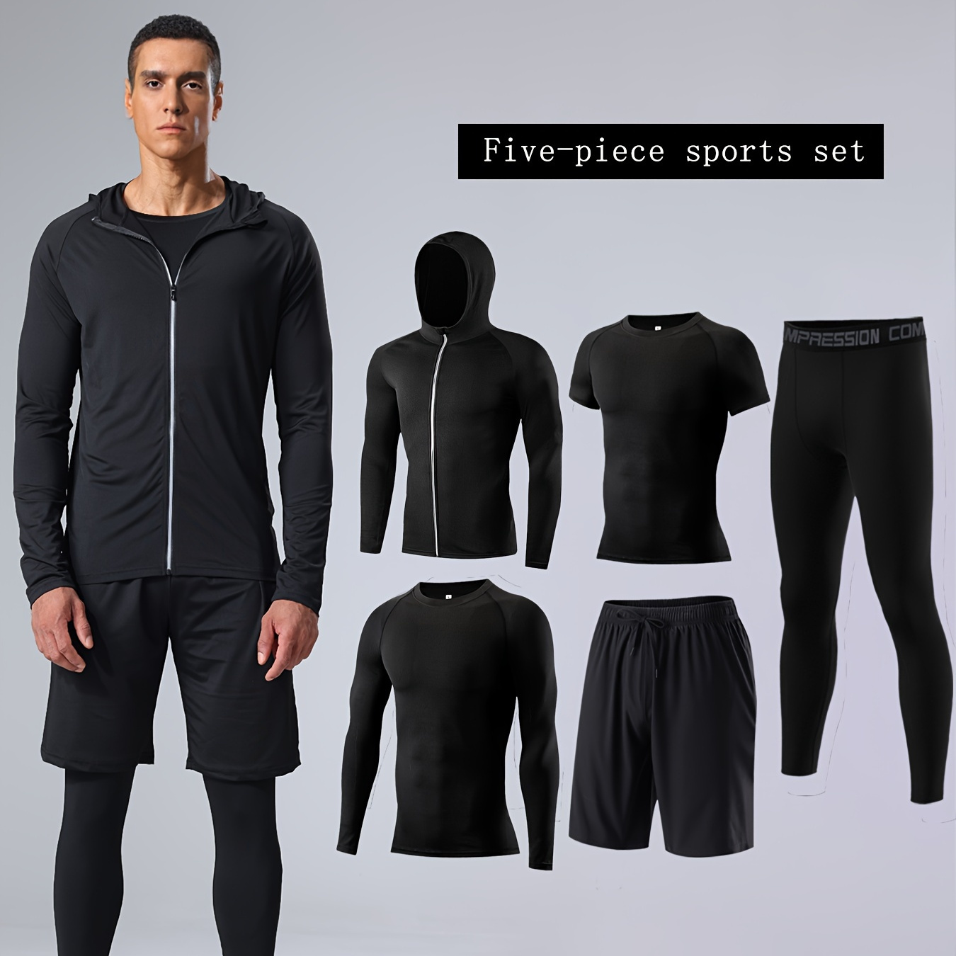 

Ensemble de sport 5 pièces pour hommes - Tenue de compression respirante à séchage rapide pour la course à pied et l'entraînement