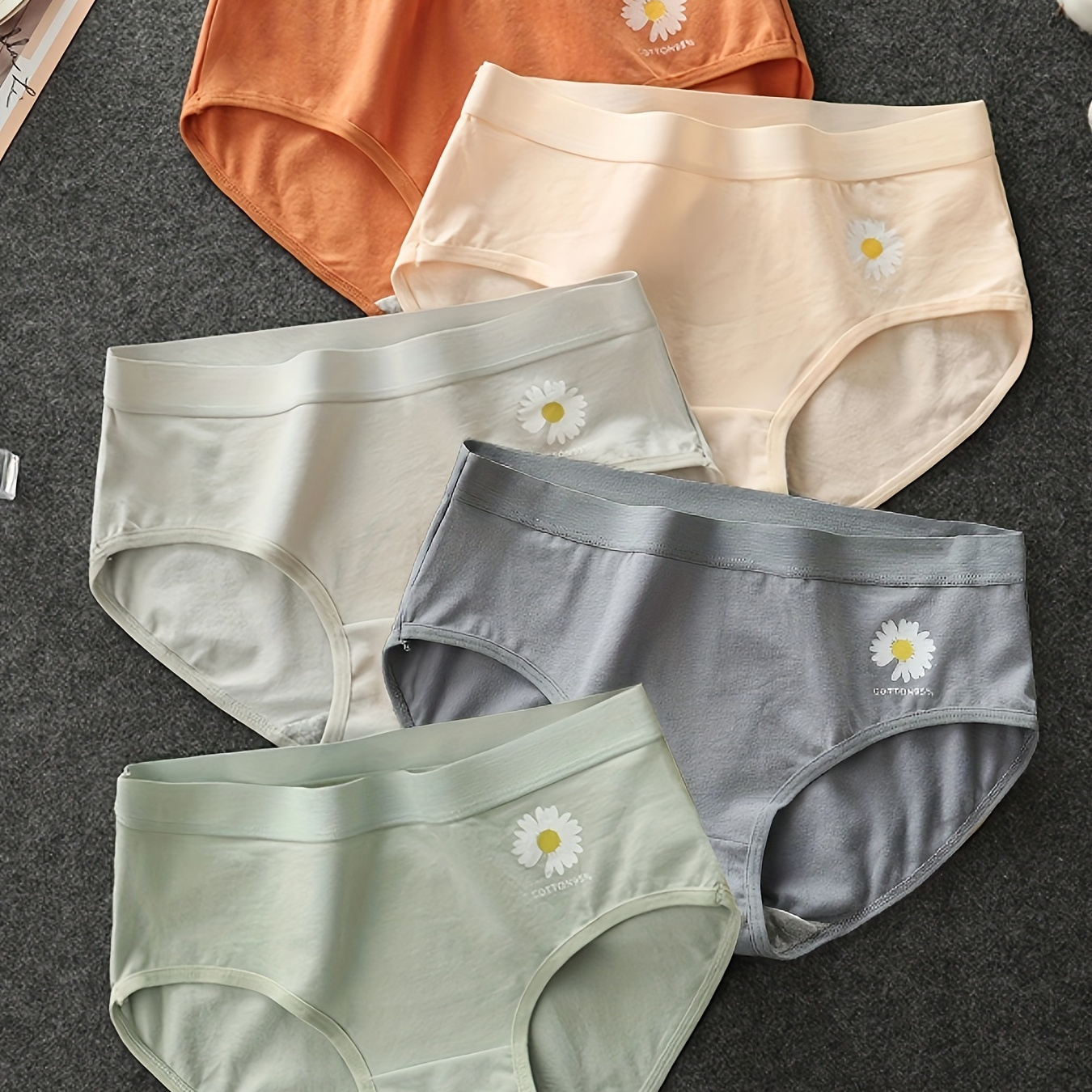 

5pcs Pack Cotton Panties, Women's Small Daisy Briefs, Antibacterial Crotch Mid-waist Ladies Solid Color Simple Girl's Triangle Panties