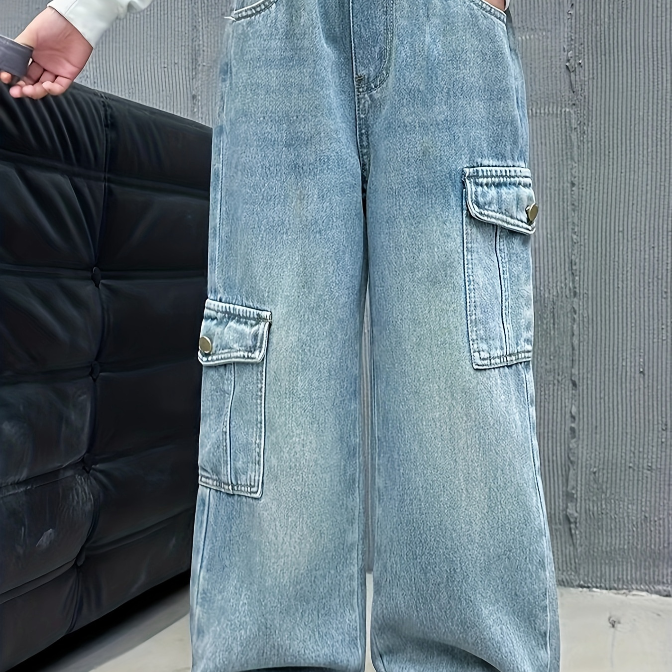 

Girls Streetwear Multi-pocket Cargo Jeans Casual Straight Loose Wide-leg Pants With Elastic Waist