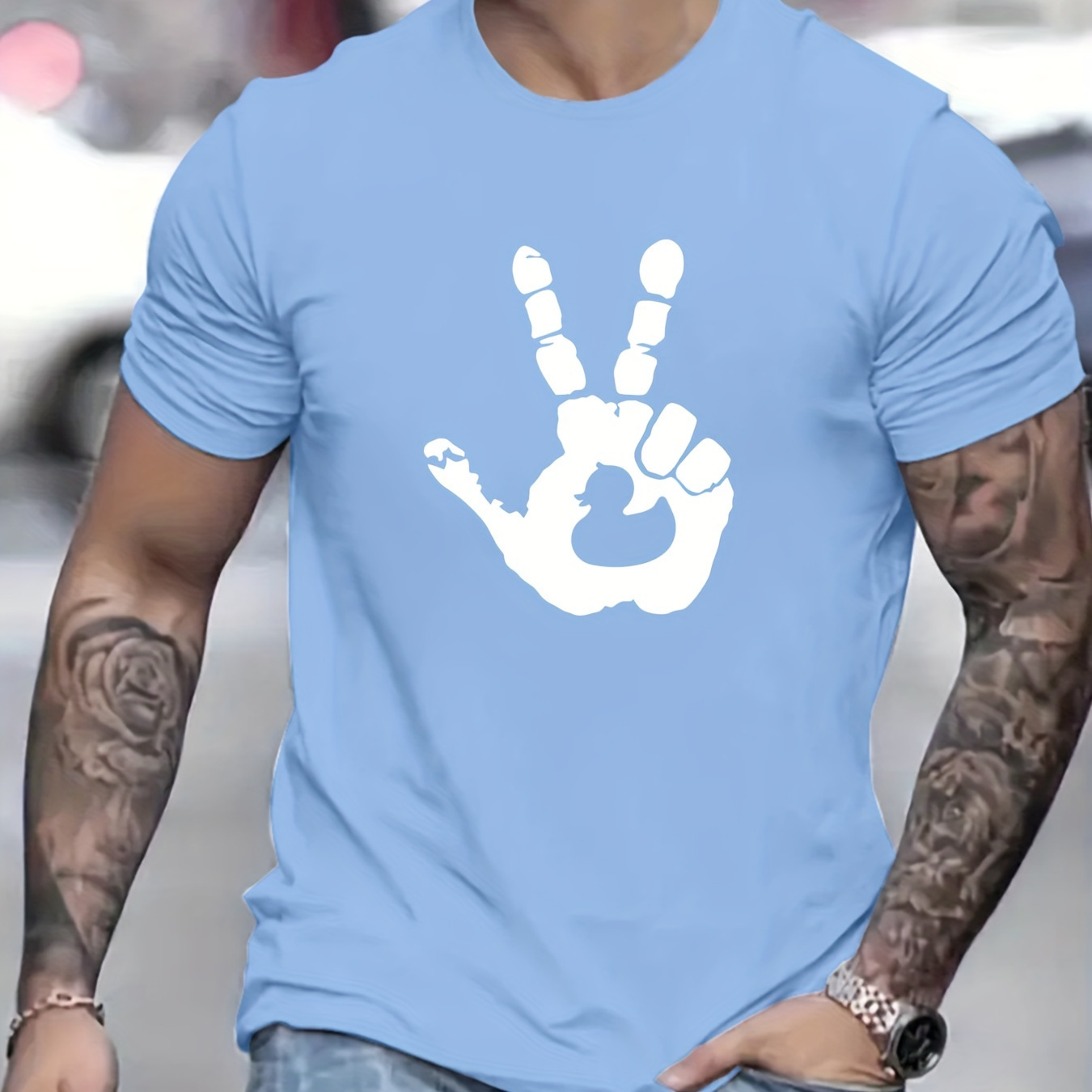 

Duck Gesture Print Men's Casual T-shirt, Short Sleeve Tee Tops, Summer Outdoor Sports Clothing