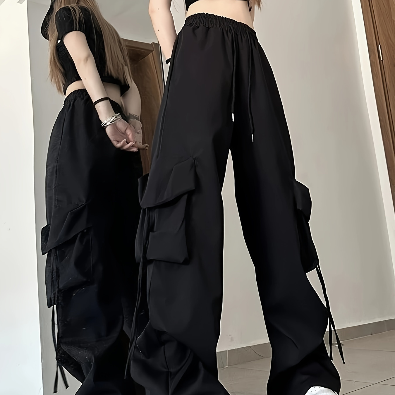 

Y2k-inspired High-waist Cargo Pants For Women - Loose Fit With Drawstring & Large Pockets, Solid Color, Machine Washable