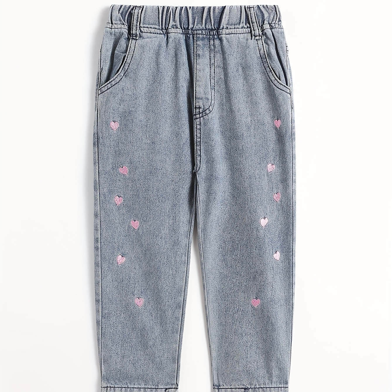 

Girls Casual Cute Heart Embroidered Denim Jeans With Elastic Waist For Autumn And Spring