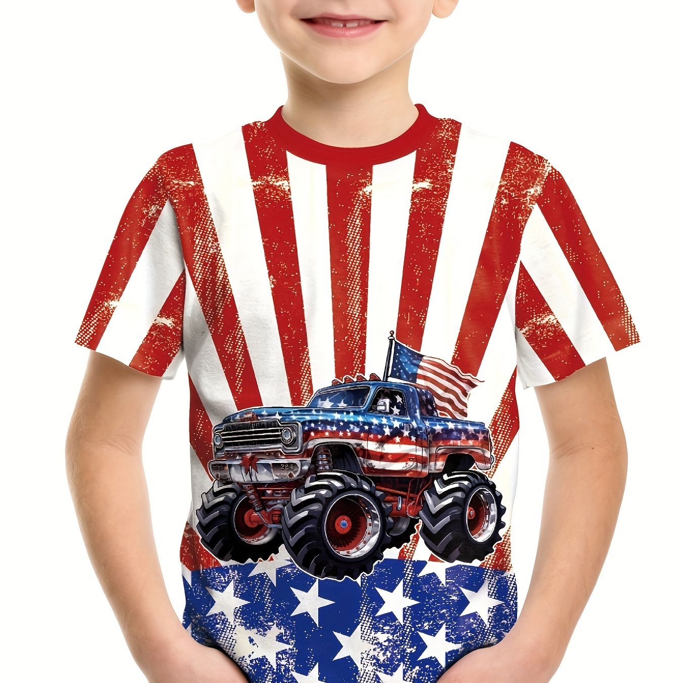 

Independence Day Flag Truck 3d Print Creative Tee Tops, Boy's Casual Short Sleeve Comfortable Versatile Summer T-shirt