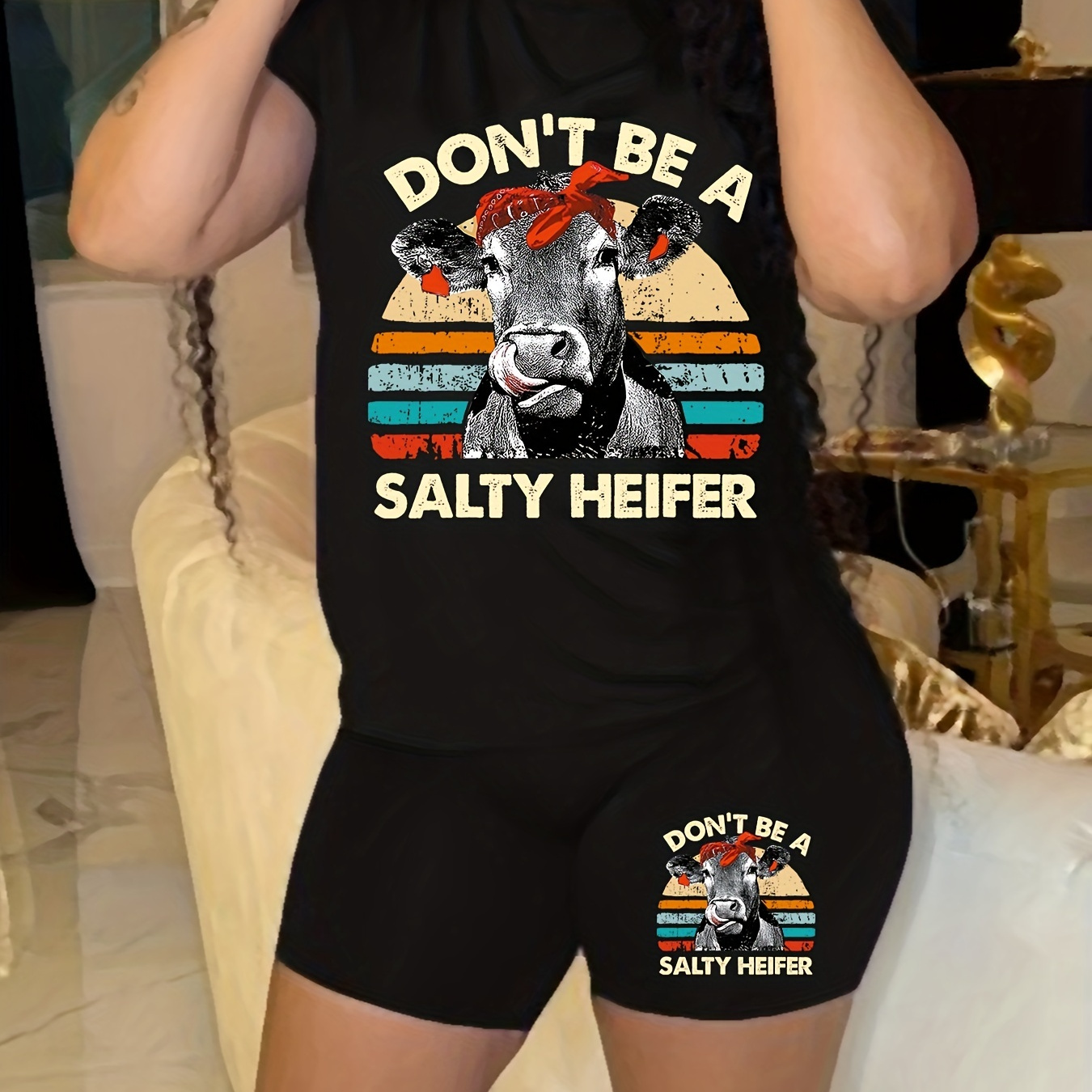 

Salty Heifer Print 2pcs Set, Short Sleeve T-shirt & Shorts, Summer Casual 2 Piece Set, Women's Clothing