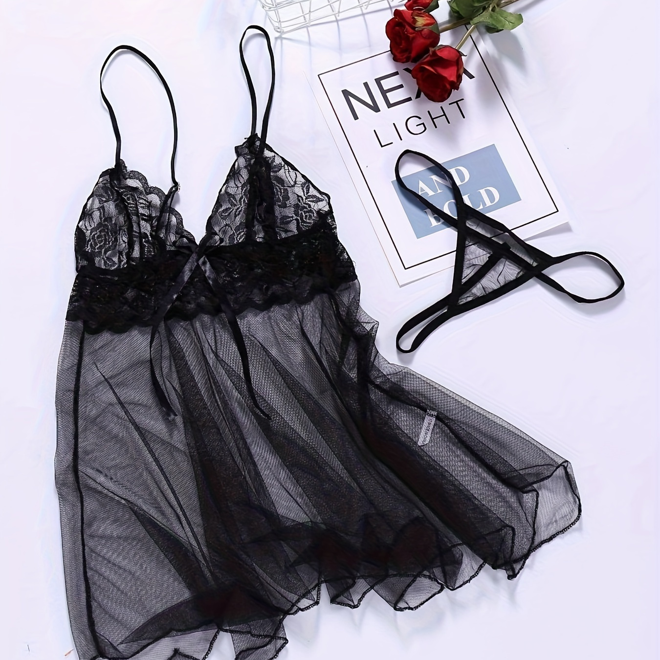 

Solid Contrast Lace Semi Sheer Lingerie Set, Bow Asymmetrical Hem Cami Dress & Thong, Women's Sexy Lingerie & Underwear