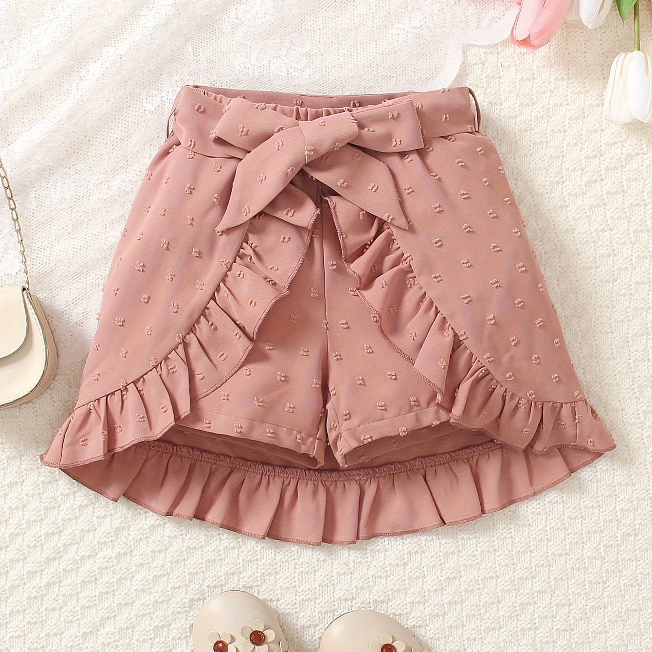 

Solid Color Frill Trim Bow Skirt Shorts For Girls, Cool And Comfy Breathable Summer Outfit Versatile Gift, Culotte