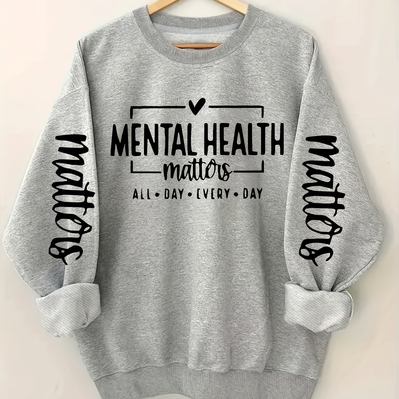 

Plus Size Mental Health Print Sweatshirt, Casual Long Sleeve Crew Neck Pullover Sweatshirt, Women's Plus Size Clothing