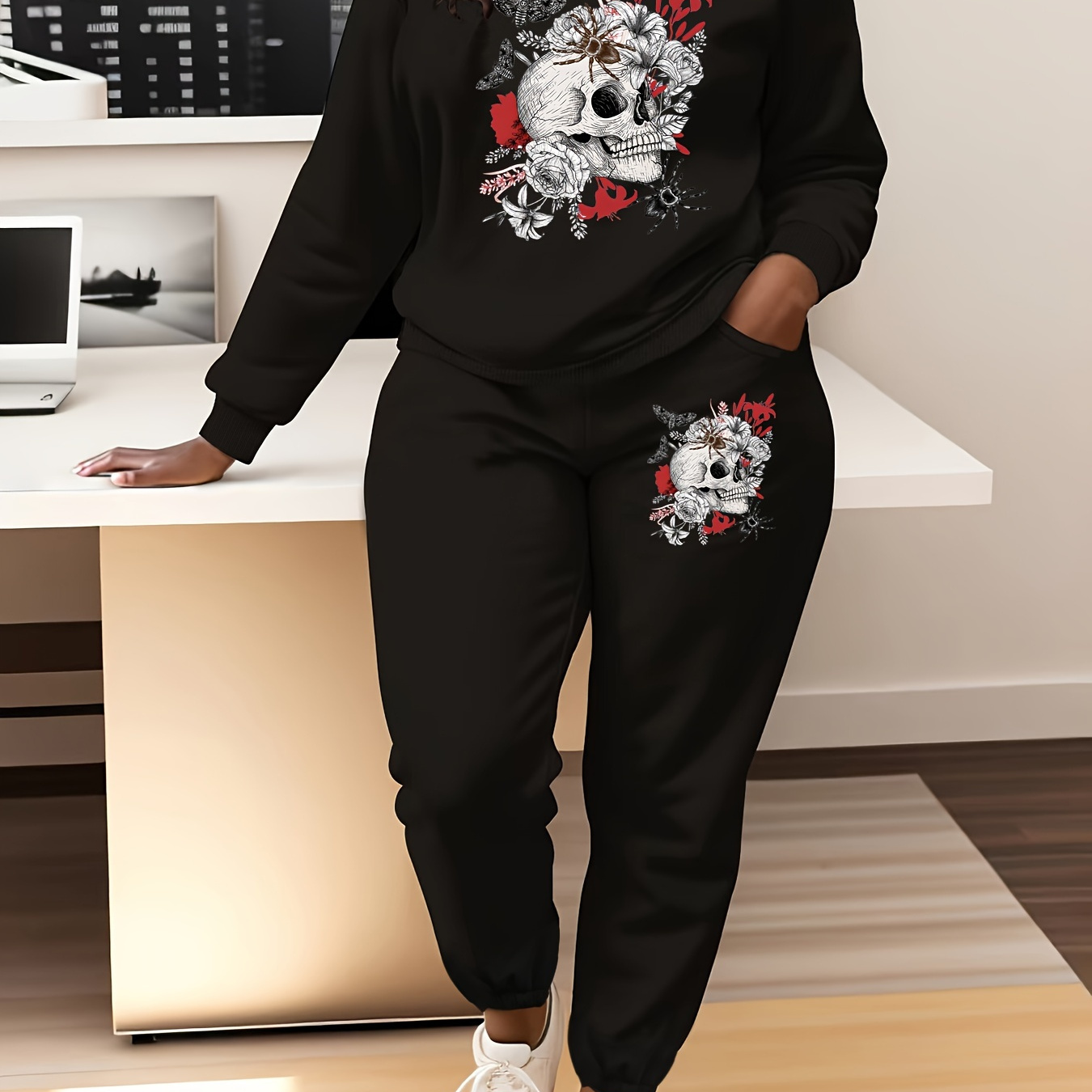 

Lady's Casual Fall/winter Two-piece Sweatshirt And Pants Set With Skull And Flower Design