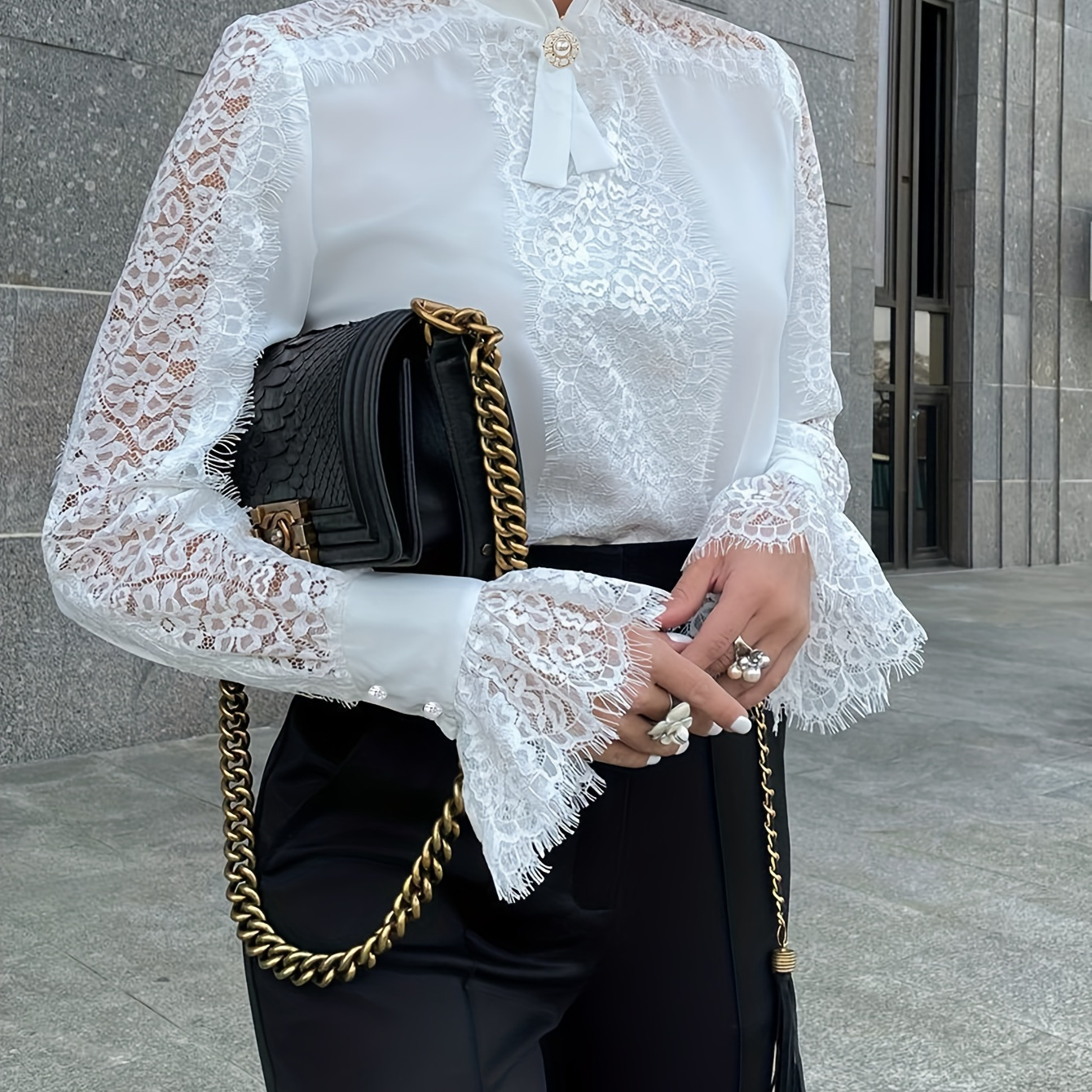 

Women's Elegant Lace Panel Stand Collar Long Sleeve Blouse - Intricate Floral Pattern, Semi-sheer Polyester, Stylish Outfits, Apparel|modern Chic|intricate Lace Design