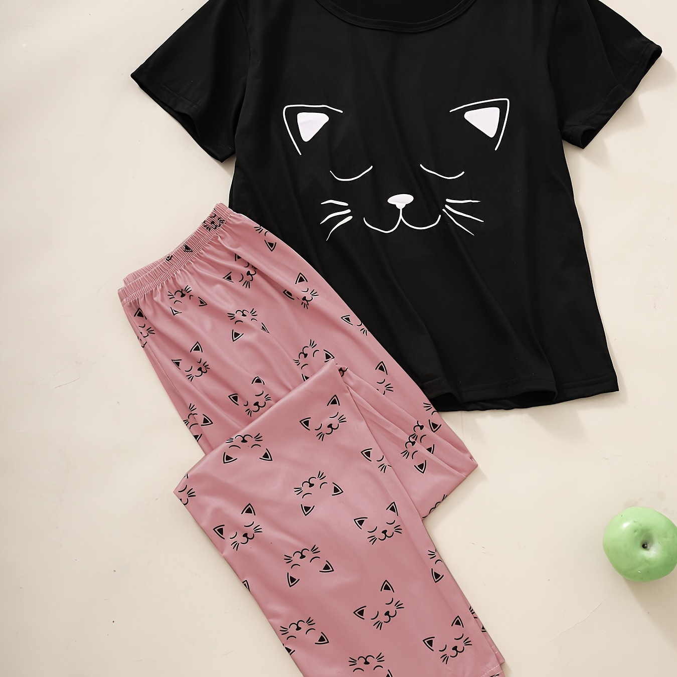 

Cartoon Cat Print Pajama Set, Short Sleeve Crew Neck Top & Elastic Waistband Pants, Women's Sleepwear & Loungewear