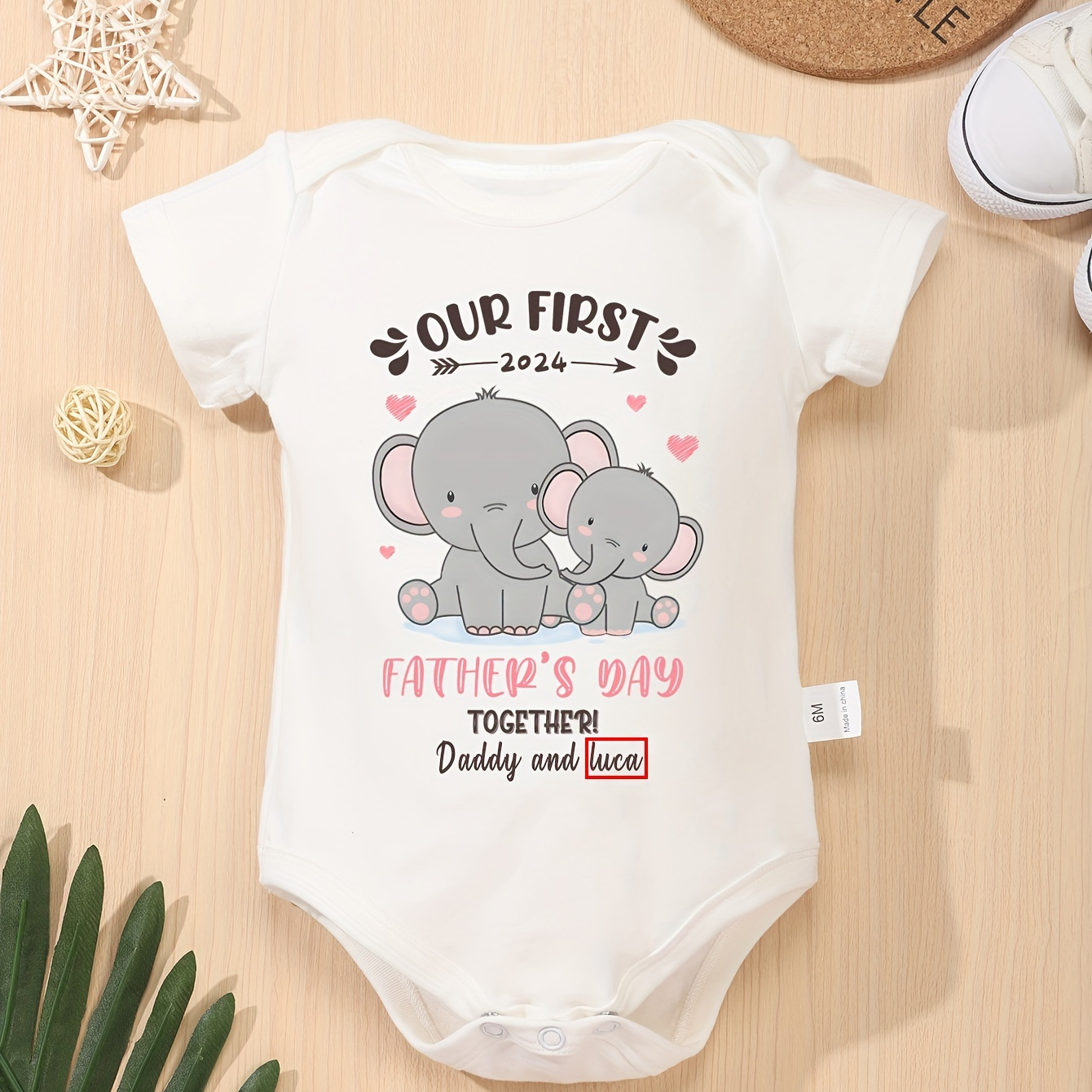 

Our 1st Father's Day Together & Customized Name & Cartoon Elephants Print Baby Boys & Girls Personalized Cotton Bodysuit Onesie, Cozy Short Sleeve Jumpsuit Romper Top Newborn Gifts