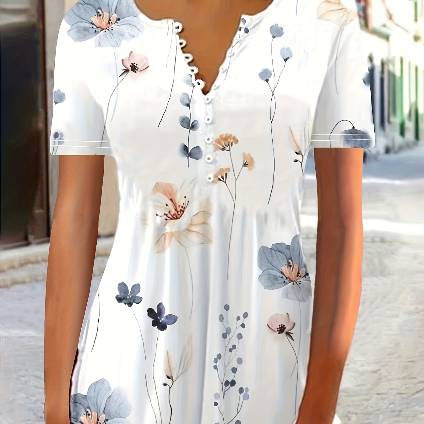 

T-shirt à imprimé floral boutonné sur le devant, T-shirt décontracté à manches courtes pour le printemps et l'été, Vêtements pour femmes