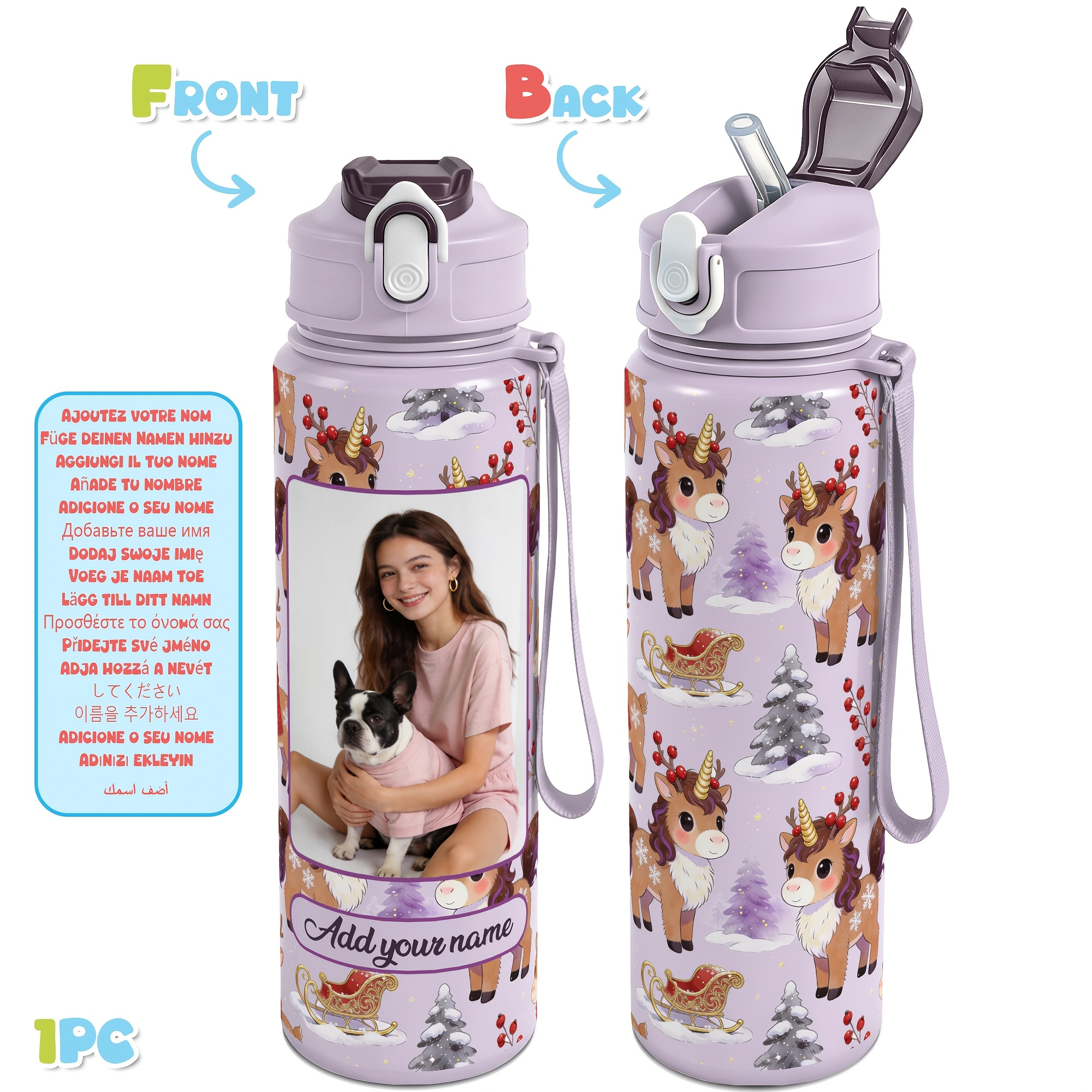TEMU 1pc Personalized Photo/name Water Bottle 25oz Leakproof Custom Plastic Bottle With Your Own Photo & Text Suitable For Gym, Hiking, Travel, -
