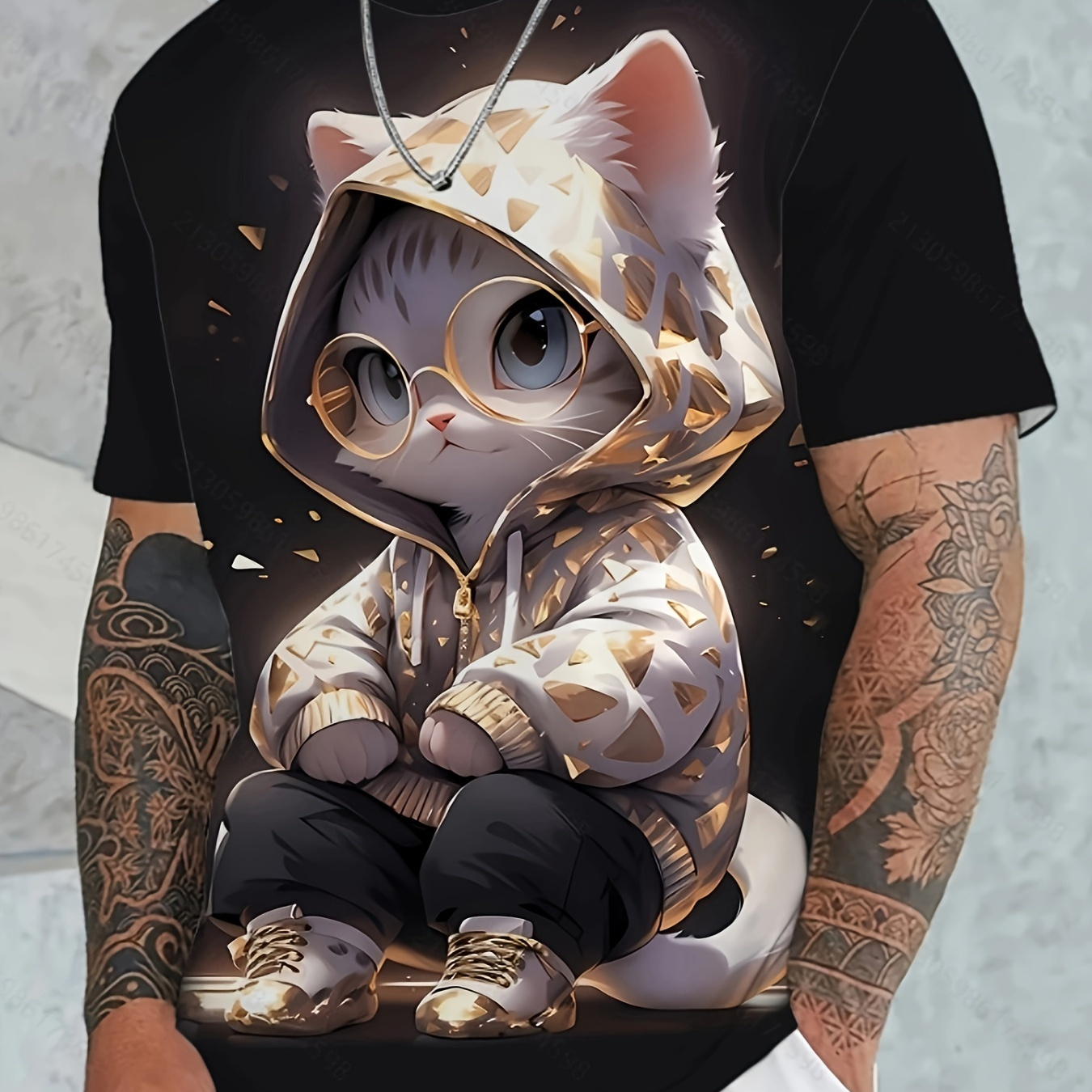

3d Digital Animation Style Cat With Hoodie And Glasses Pattern Crew Neck And Short Sleeve T-shirt, Trendy And Stylish Comfy Tops For Men's Summer Outdoors And Sports Wear