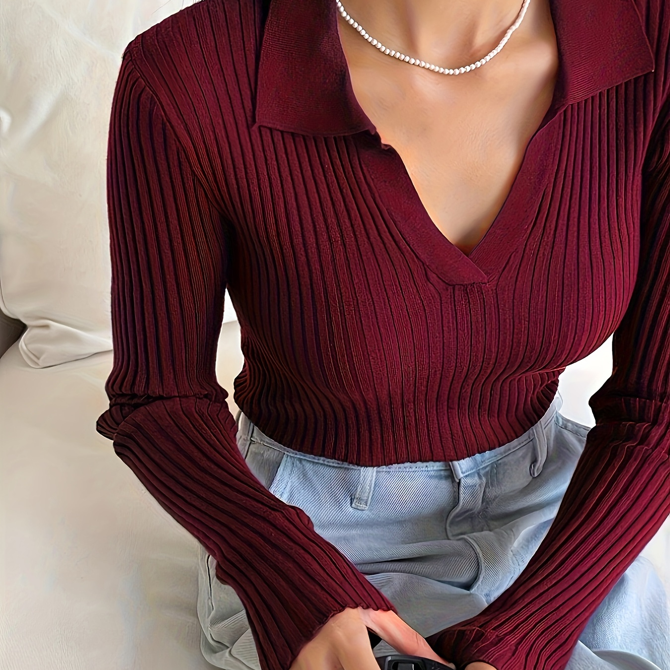 

Solid Color Ribbed Knit Sweater