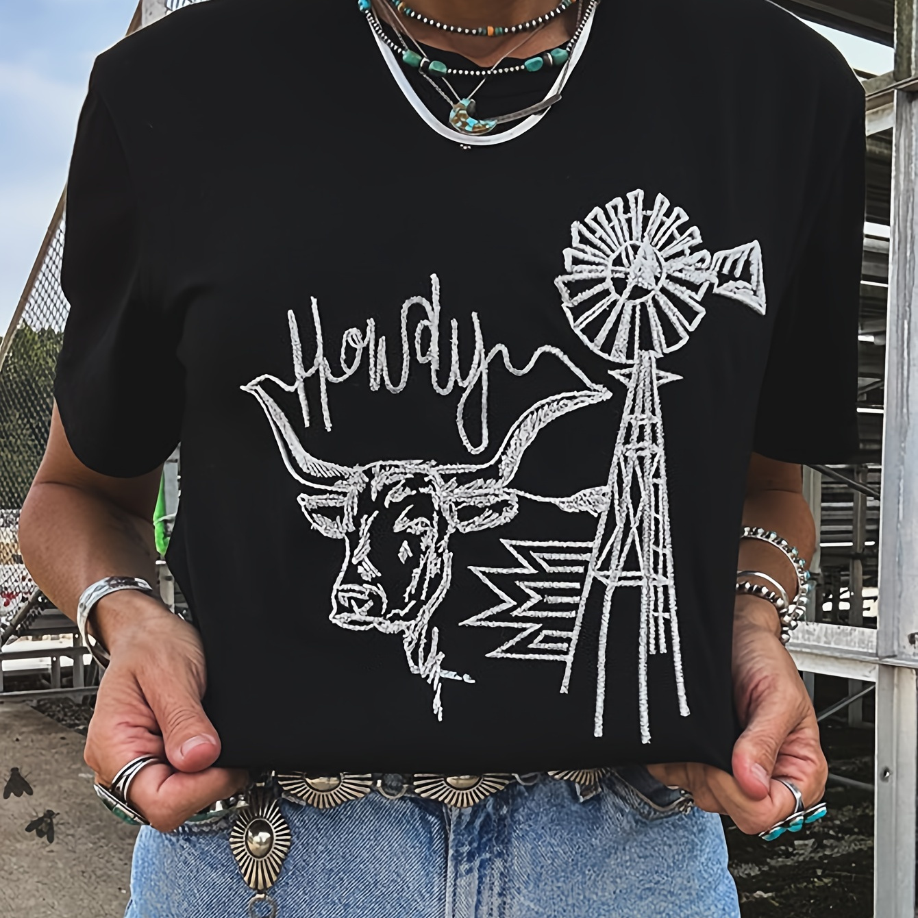 

Women's Casual With Cowboy & Windmill Graphic - Short Sleeve, Crew Neck, Polyester, Machine Washable - Stylish