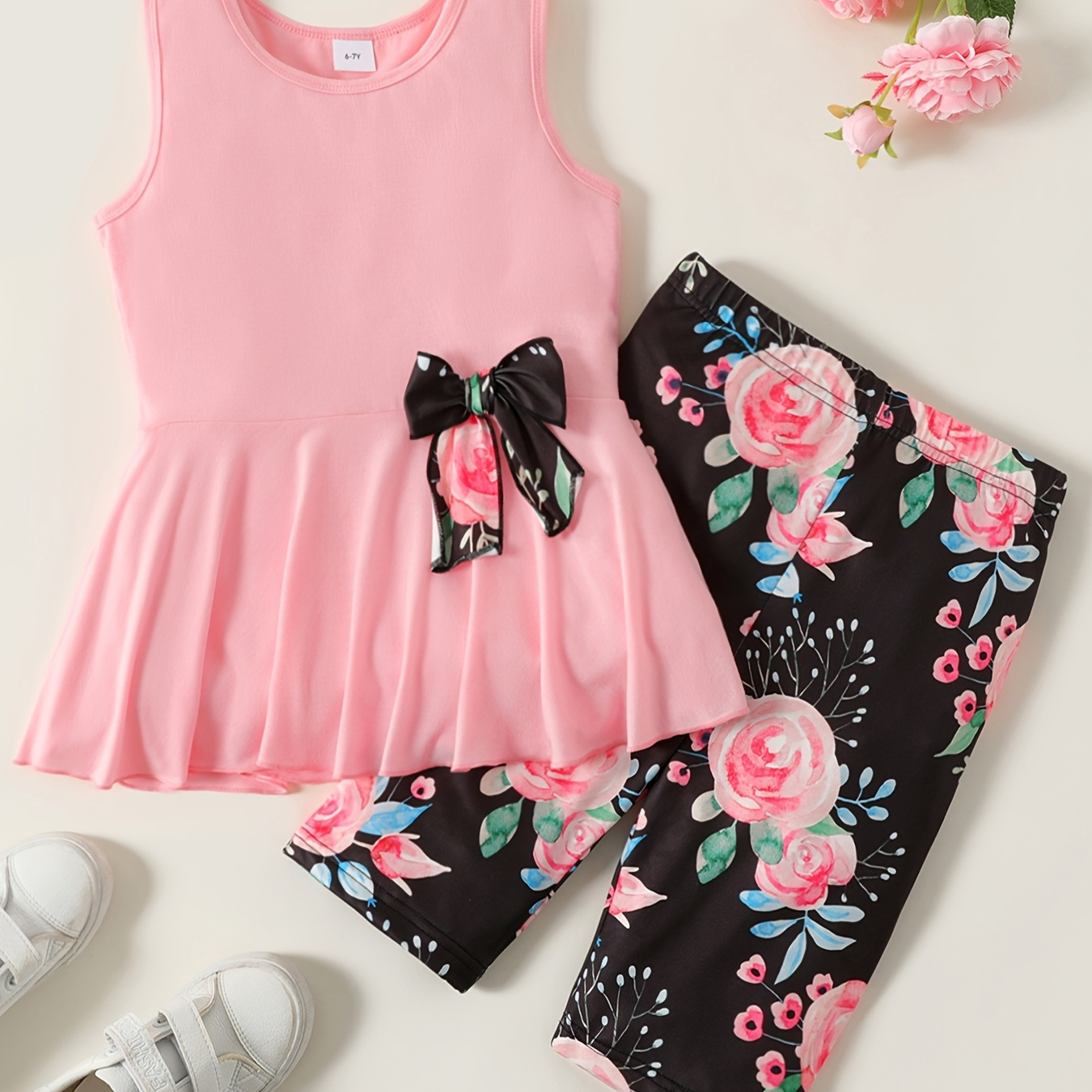 

Patpat 2pcs Kid Girl Adorable Bowknot Design Round Neck Pleated Hem Sleeveless Tee And Floral Print Leggings Shorts Set For Summer