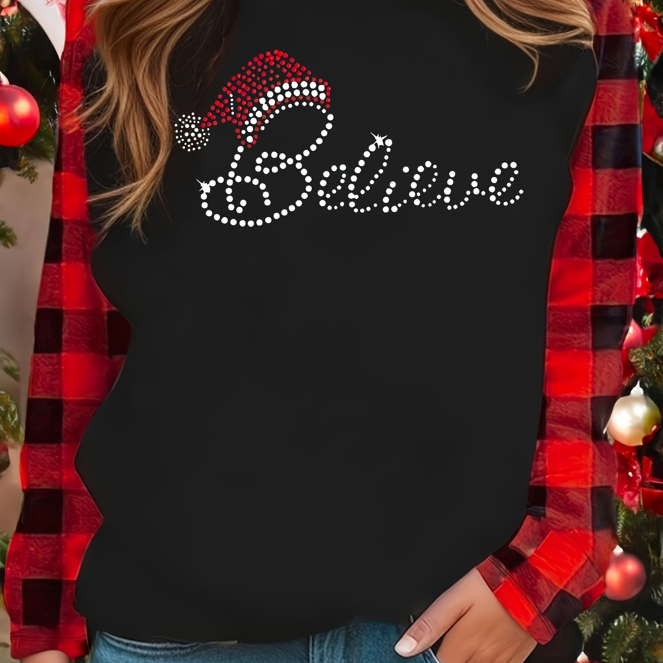 

Christmas Hat & Letter Print Lounge Tops For Fall, Casual Long Sleeve Medium Stretch T-shirt, Women's Loungewear For Christmas