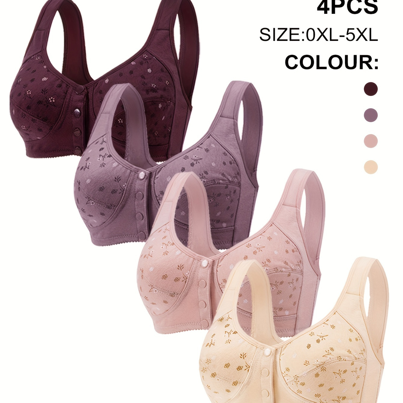 

4pcs Women's Plus Elegant Bra, Plus Size Floral Print Front Button Full Cover Comfort Bralette