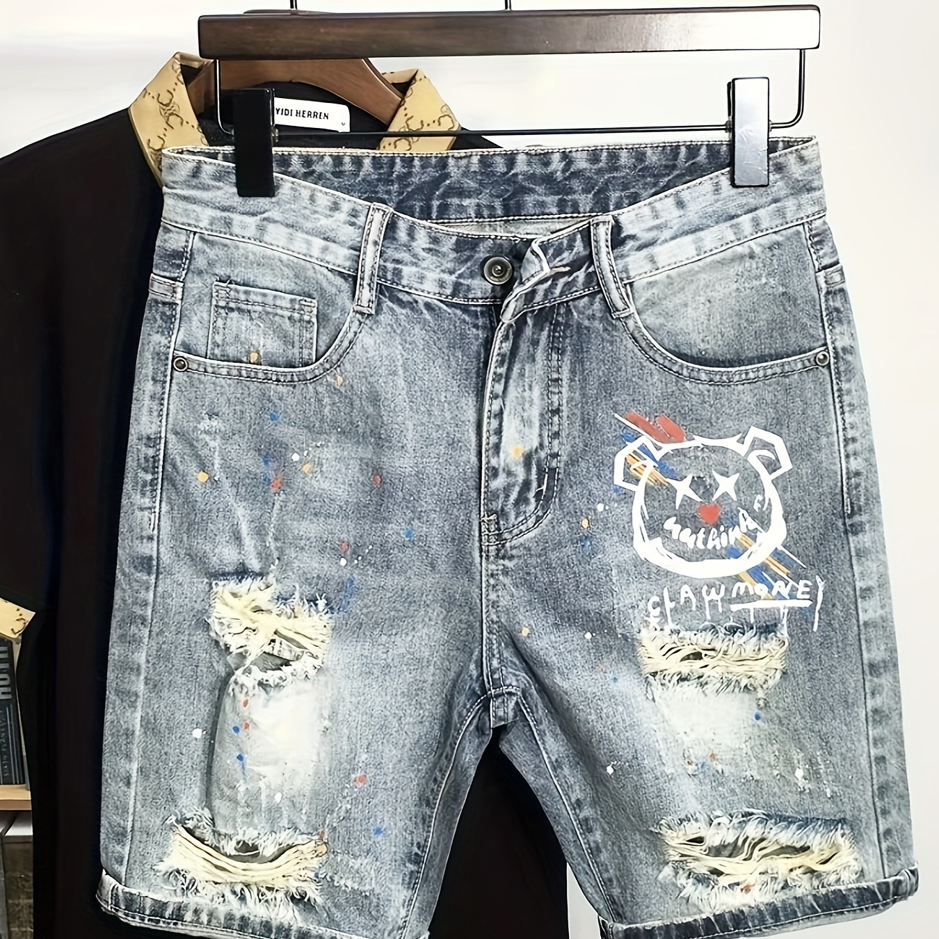 

Men's Bear Graphic Print Ripped Denim Shorts With Pockets, Casual Cotton Blend Jorts For Summer Outdoor Activities