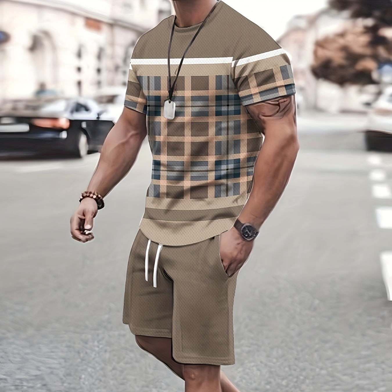 

2-piece Men's Stylish Summer Vacation Outfit Set, Men's Plaid Pattern Short Sleeve T-shirt & Solid Drawstring Shorts With Pockets Set