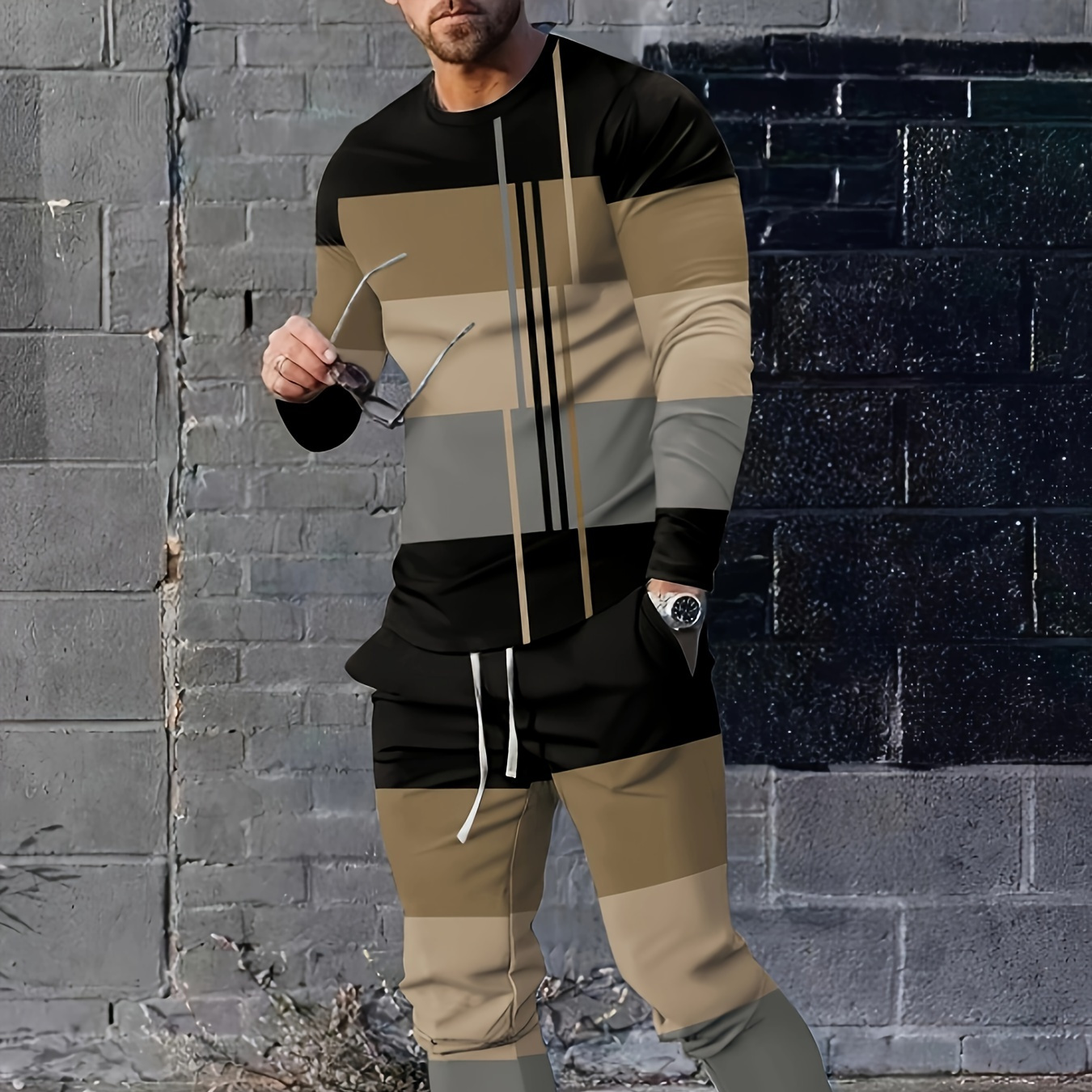 

Men's 2pcs Outfits, Casual Color Block Crew Neck Long Sleeve T-shirt And Drawstring Sweatpants Joggers Set For Winter Fall, Men's Clothing