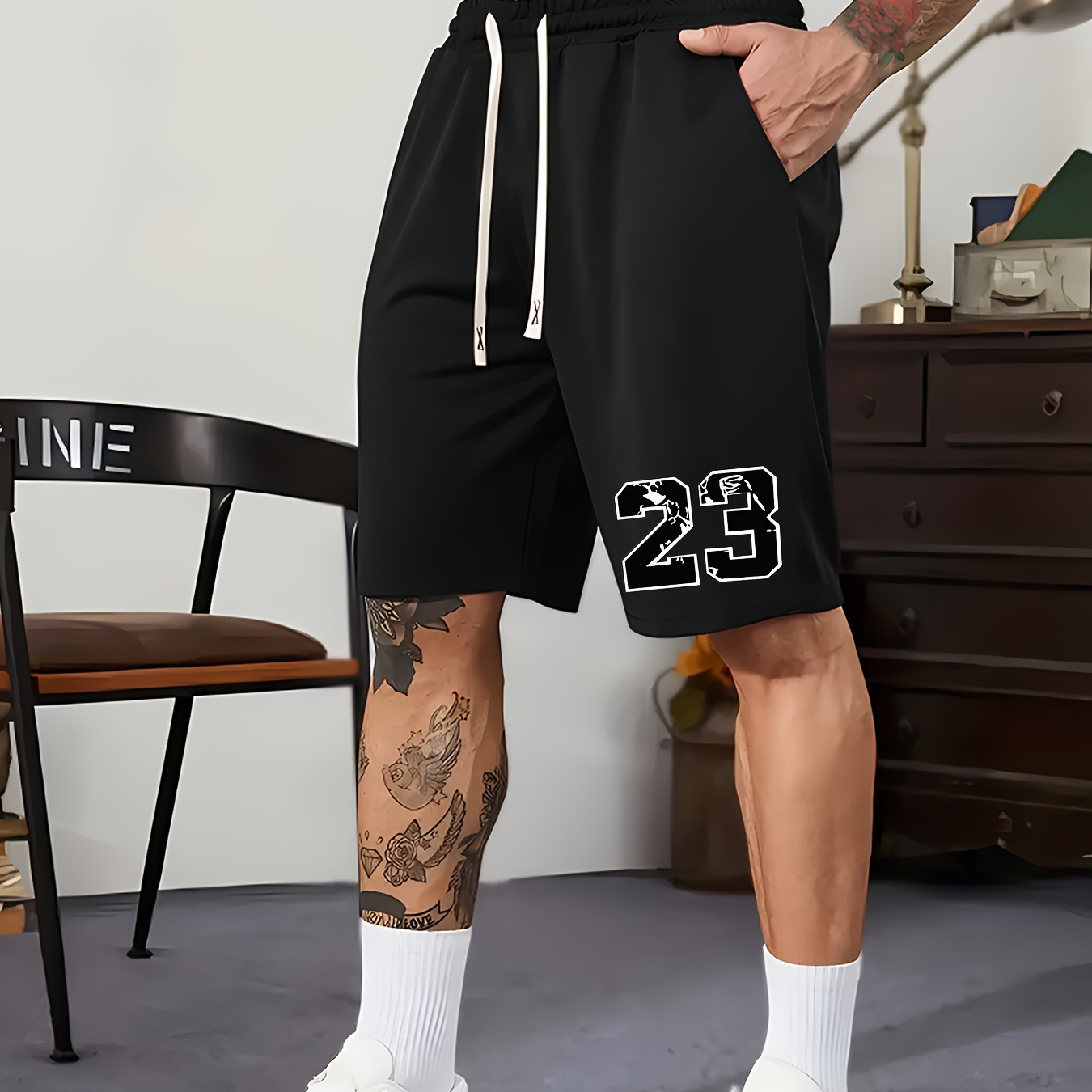 

Number 23 Print Fashionable Men's Summer Drawstring Casual Sports Loose Shorts, Suitable For Outdoor Sports, Comfortable And Versatile