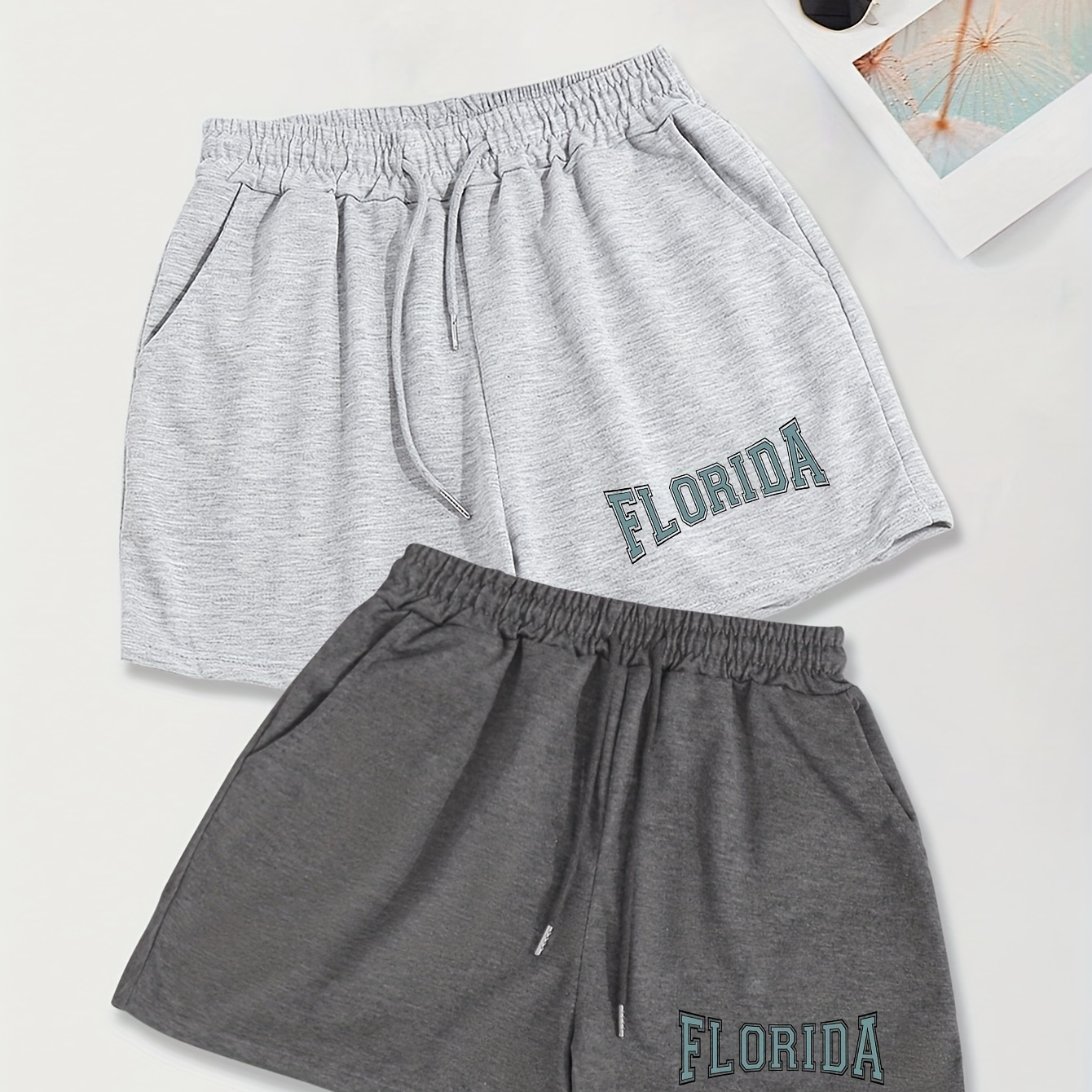 

2 Pack Florida Print Slant Pocket Shorts, Casual Elastic Waist Drawstring Shorts Outfits, Women's Clothing