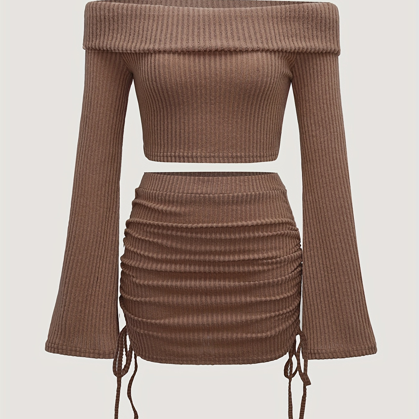 

Chic Slim Drawstring Ribbed Skirt Set, Off-shoulder Long Sleeve Crop Top & Bodycon Mini Skirt Outfits, Women's Clothing