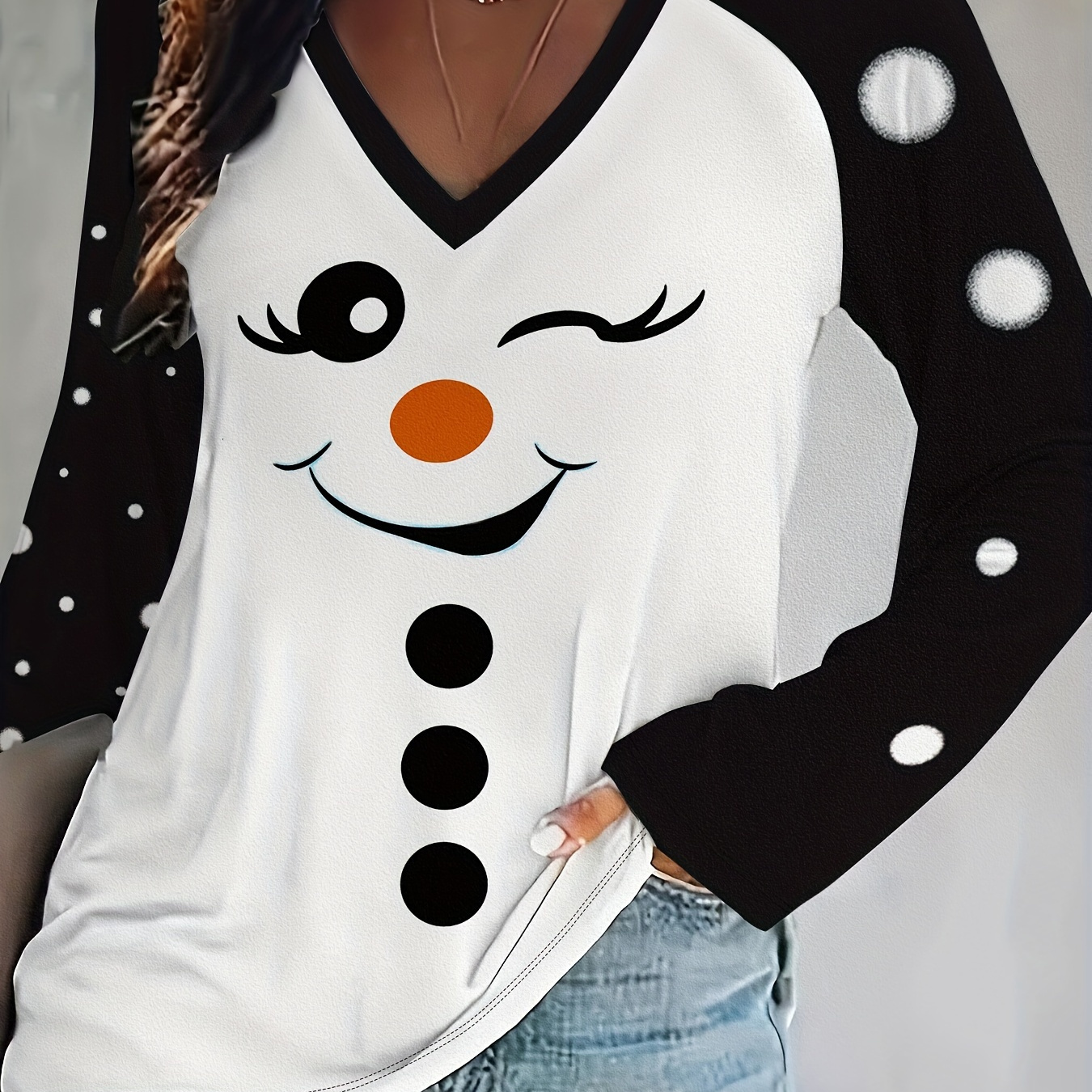 

Christmas Face Printed Long-sleeved T-shirt For Women - V-neck, Relaxed Fit, Polyester , Spring/