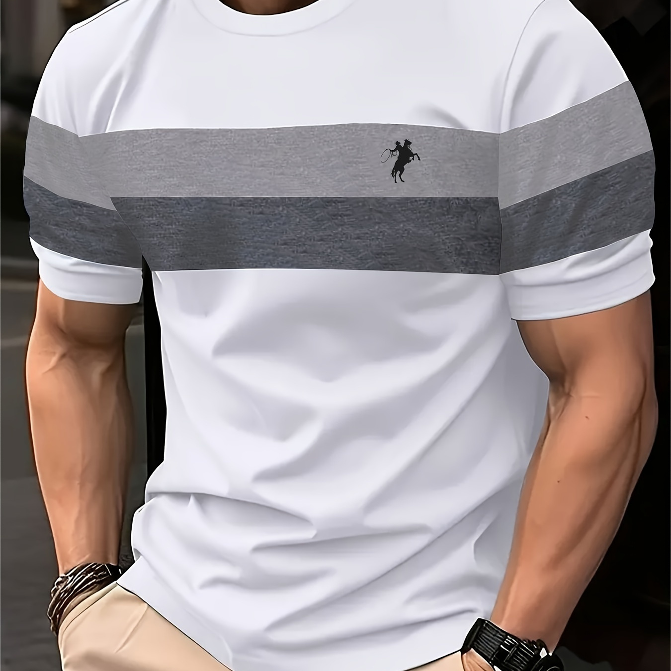 

Men's Color Block Horse Rider Graphic Print T-shirt, Casual Short Sleeve Crew Neck Tee, Men's Clothing For Summer Outdoor