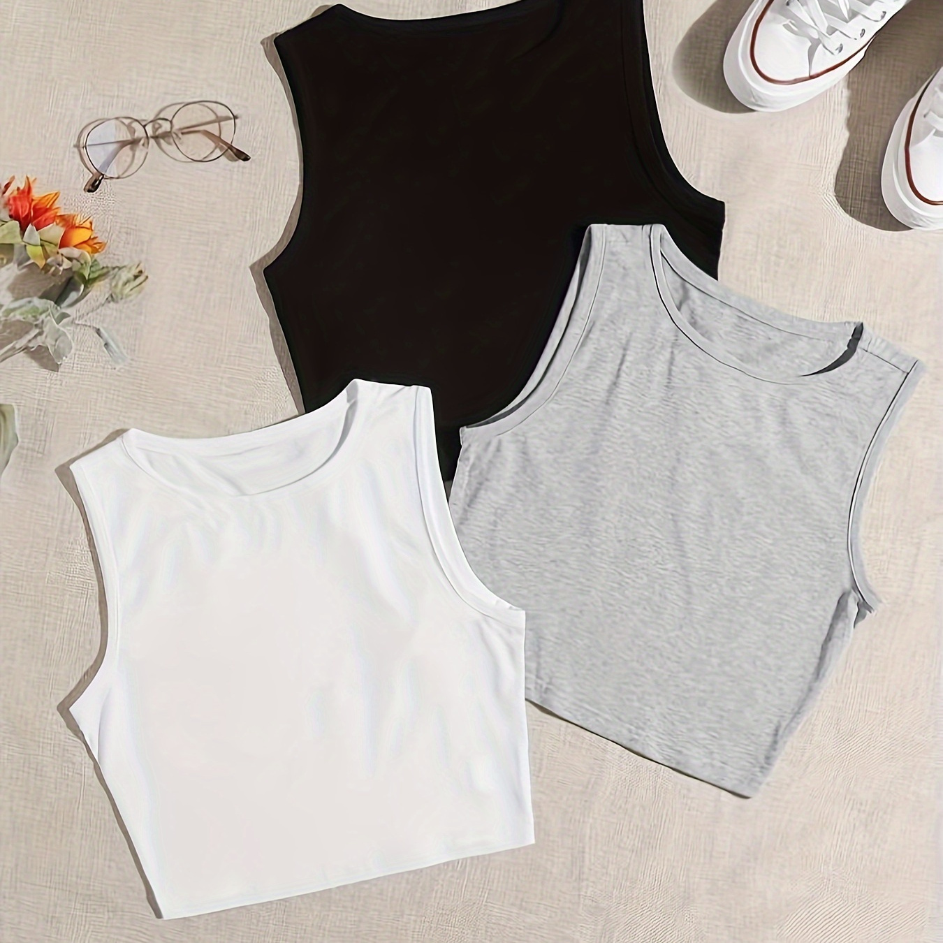 

Solid Simple 3 Pieces Tank Top, Casual Crew Neck Sleeveless Tank Top For All Season, Women's Clothing