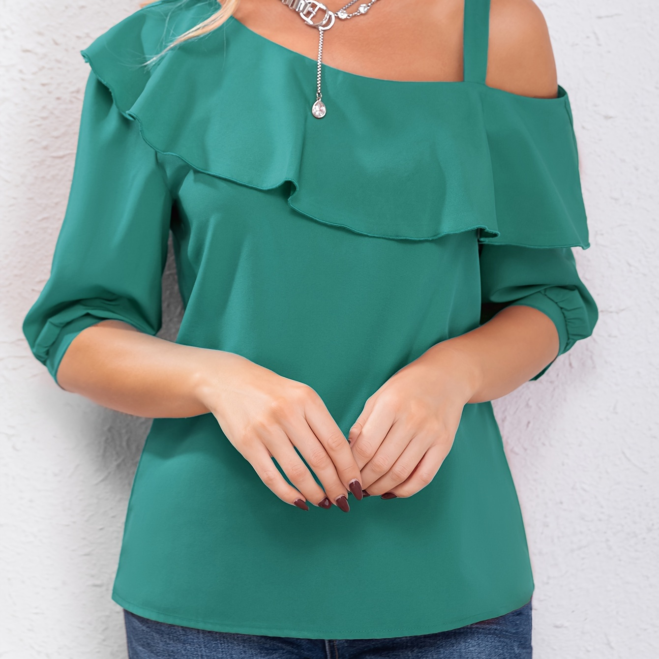 

Solid Layered Ruffle Trim Blouse, Elegant Strap Decor Long Sleeve Blouse For Spring & Fall, Women's Clothing