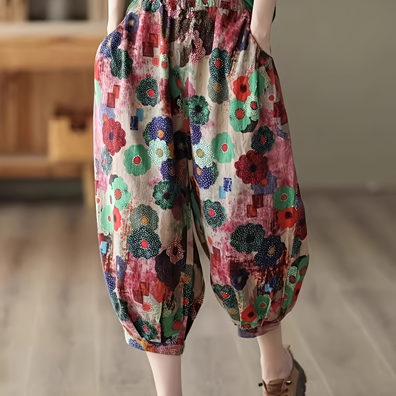 

Pantalon Harem Court à Imprimé Floral -Chic pour Femme - Taille Élastique, Coupe Amincissante, pour /Été