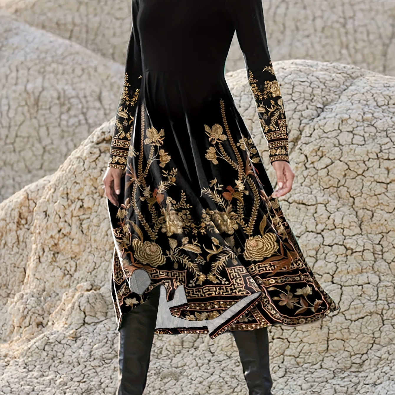 

Floral Print V Neck Dress, Elegant Long Sleeve Dress, Women's Clothing
