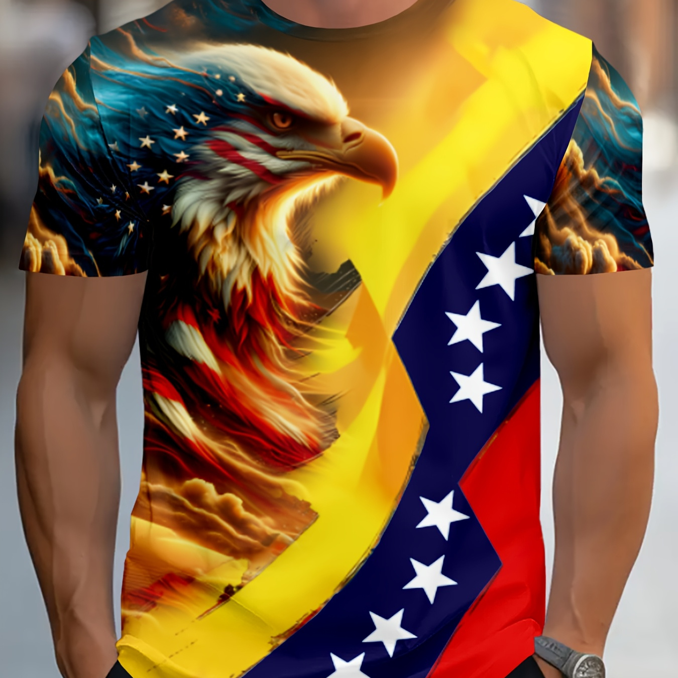 

1pc Men's Novelty Eagle & American Flag 3d Print T-shirt, Casual Fashion Short Sleeve Crew Neck Tee, Knit Fabric With Slight Stretch, Polyester 95% Spandex 5%