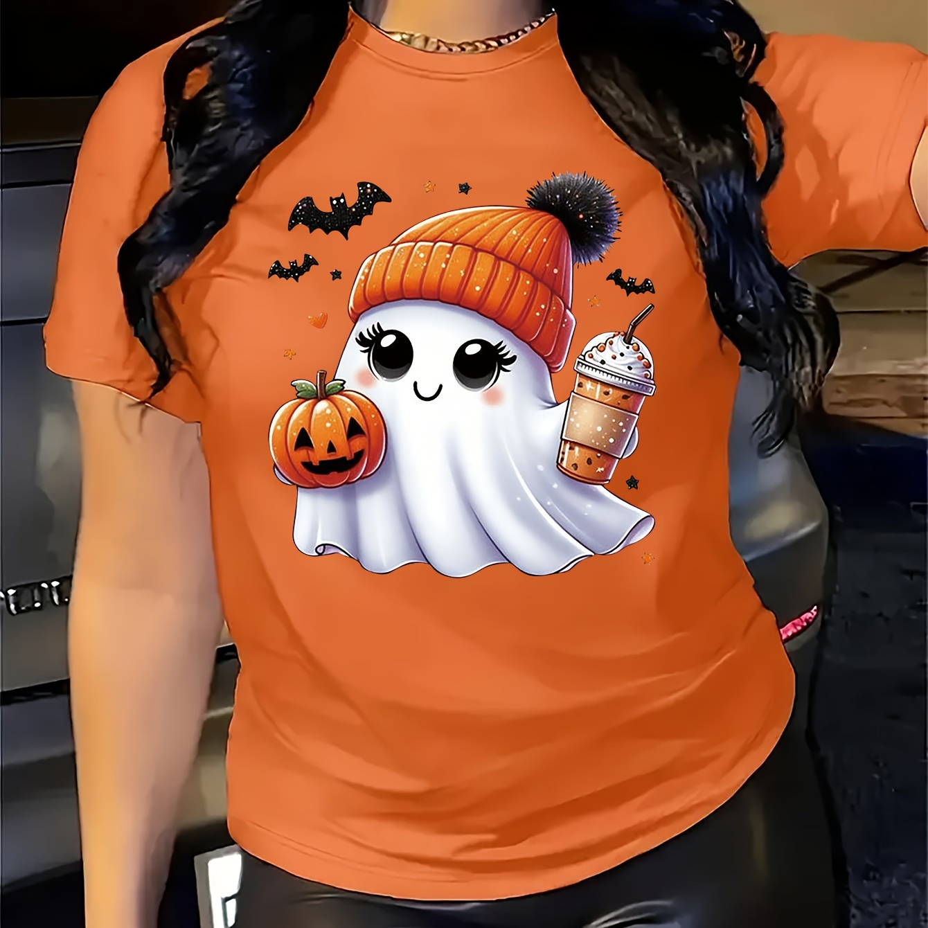 

Pumpkin Bat Print Crew Neck T-shirt, 100% Polyester Knit Fabric, Casual Style, Regular Length, Short Sleeve Tee For Women - All Season Wear