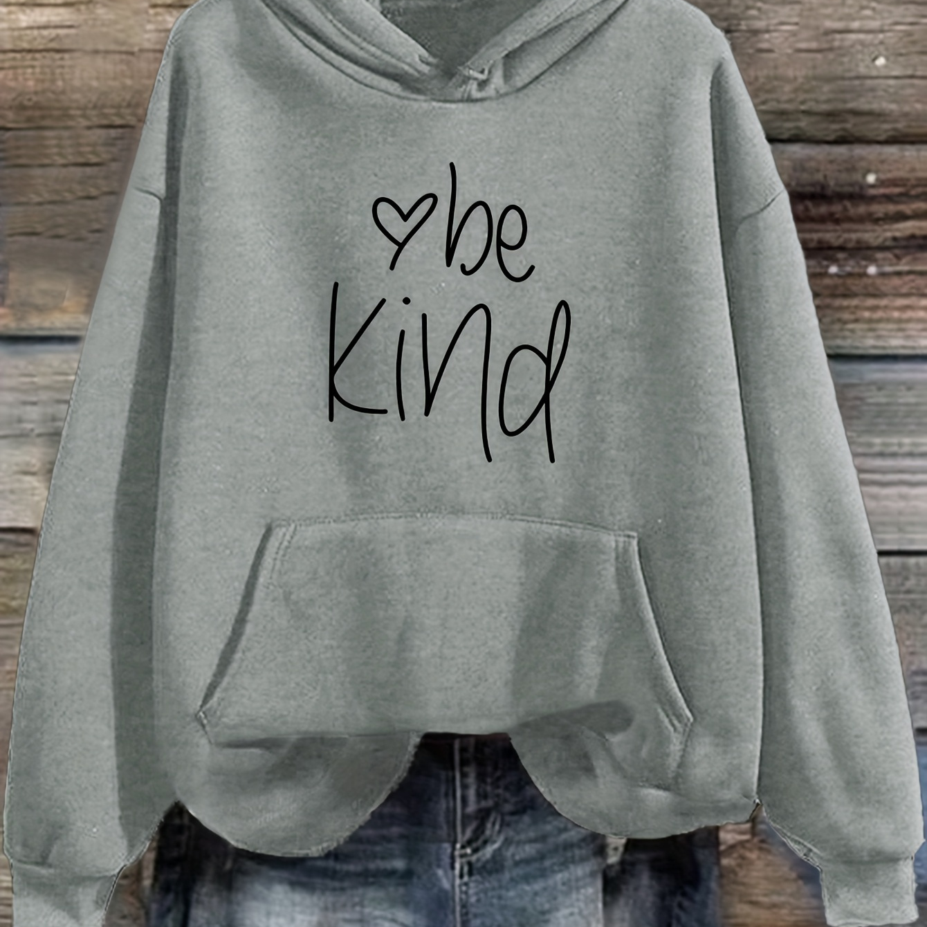 

Be Kind Print Kangaroo Pocket Hoodie, Casual Long Sleeve Drawstring Hooded Sweatshirt, Women's Clothing