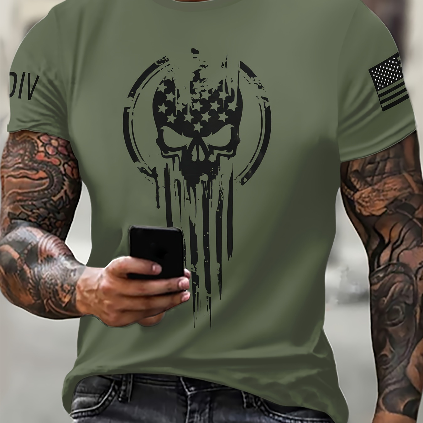 

Skeleton Skull And American Flag Pattern T-shirt With Crew Neck And Short Sleeve, Casual And Stylish Tops For Men's Summer Outdoors Wear, Independence Day Theme Tees For Men
