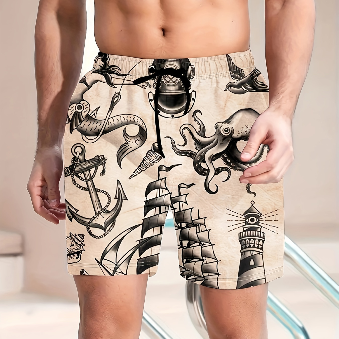 

Cartoon Graphic Print Men's Loose Beach Shorts Activewear, Drawstring Quick Dry Shorts, Lightweight Shorts For Summer Beach Holiday Surfing