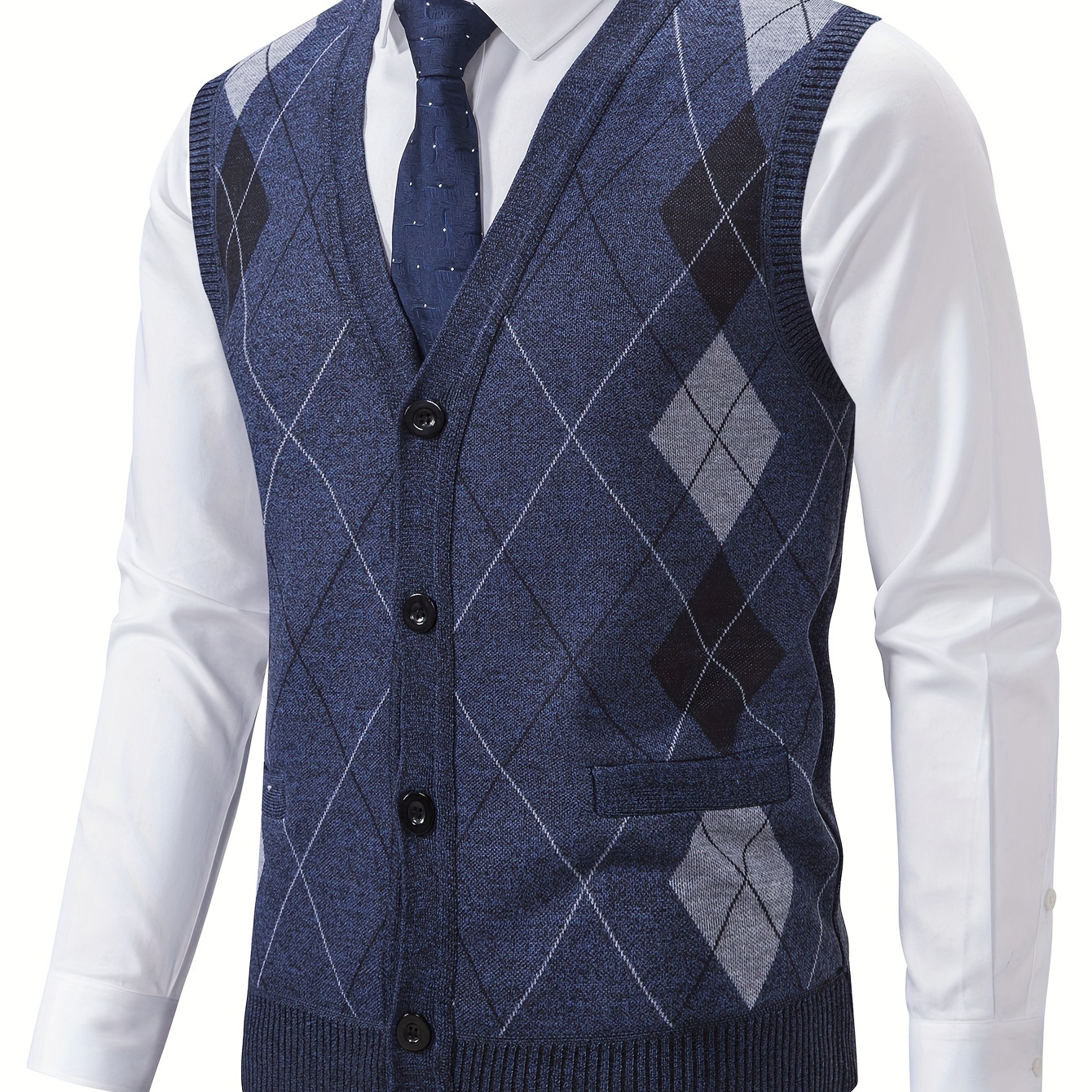 

Retro Argyle Pattern Men's Autumn And Winter V-neck Vest Sweater, Men's Pocket Leisure Comfy Cardigan