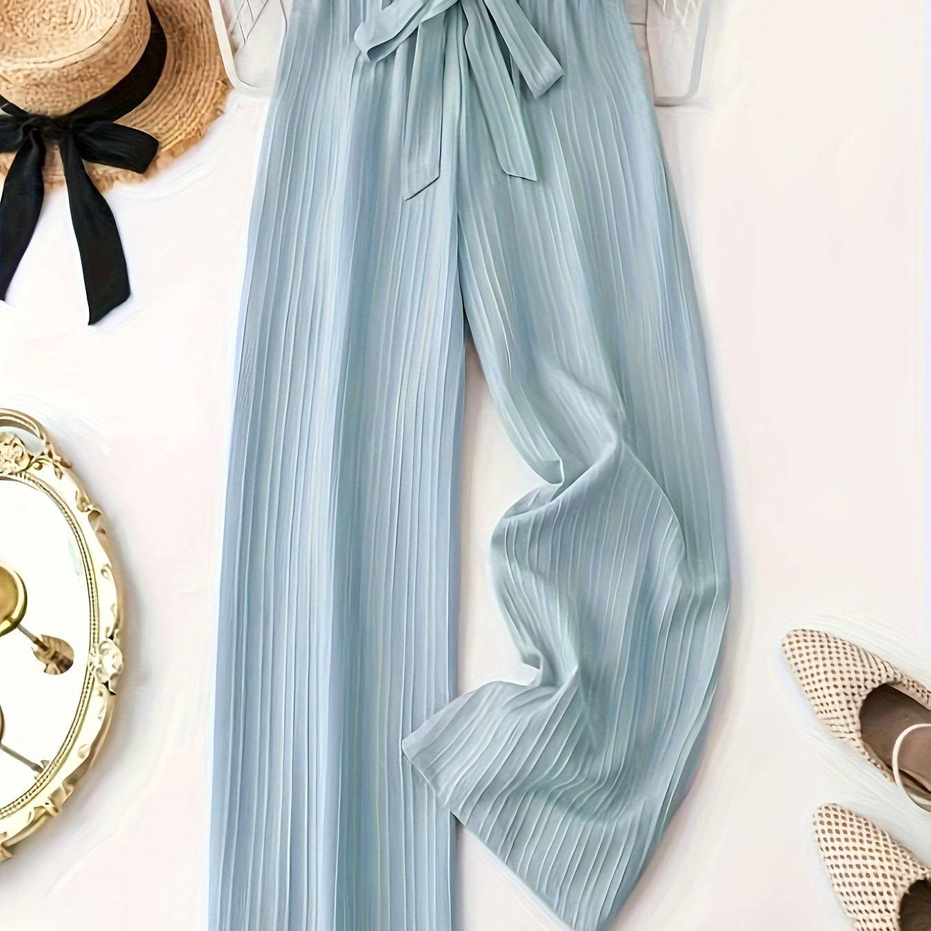 

Textured Tie Waist Wide Leg Pants, Casual High Waist Plain Color Versatile Pants For Spring & Summer, Women's Clothing