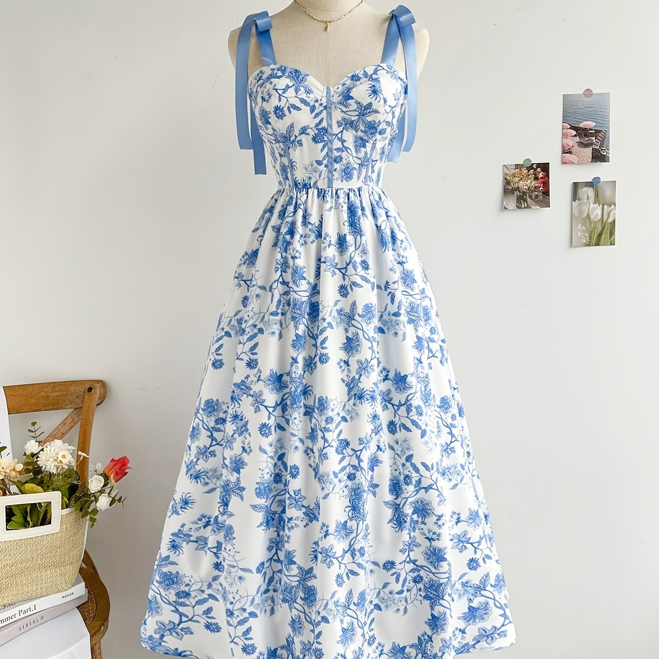 [Elegant Summer Dress] Elegant Women's Floral Print A-Line Summer Dress | Lightweight, Machine-Washable, Adjustable Waist Tie, Spaghetti Straps - Casual Holiday Dress for Beach, Picnics, Garden Parties