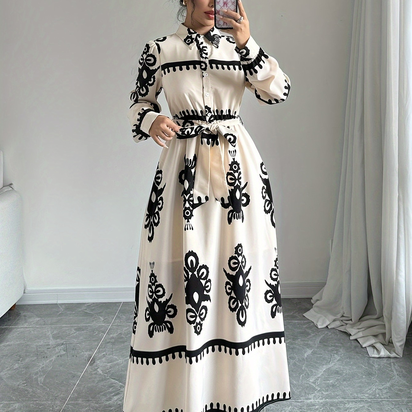 

Plus Size Vintage Floral Print Button Front Dress, Elegant Long Sleeve Tie Waist Vacation Dress For Spring & Fall, Women's Plus Size Clothing