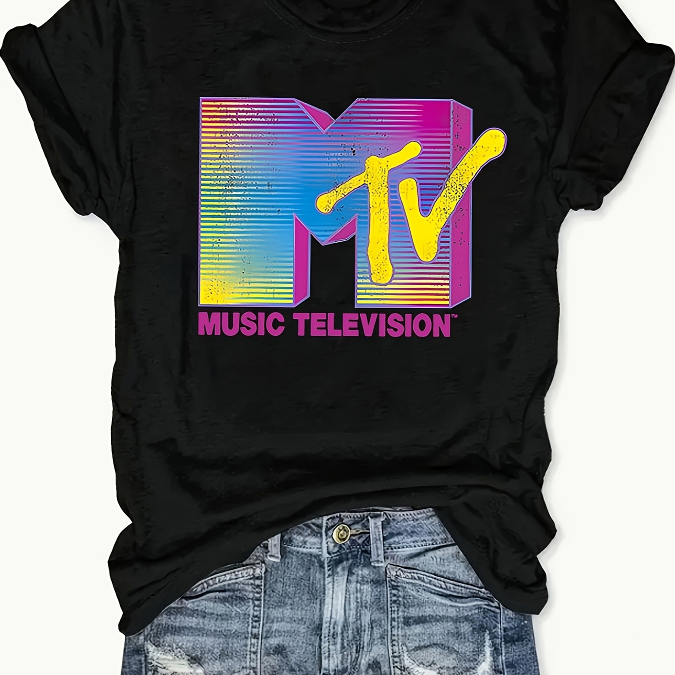 

Women's Retro Mtv Graphic T-shirt - Vibrant Crew Neck, Short Sleeve, Soft Polyester, Casual Fit, Machine Washable, , Spring Fashion|vibrant Print Shirt|microelasticity Shirt