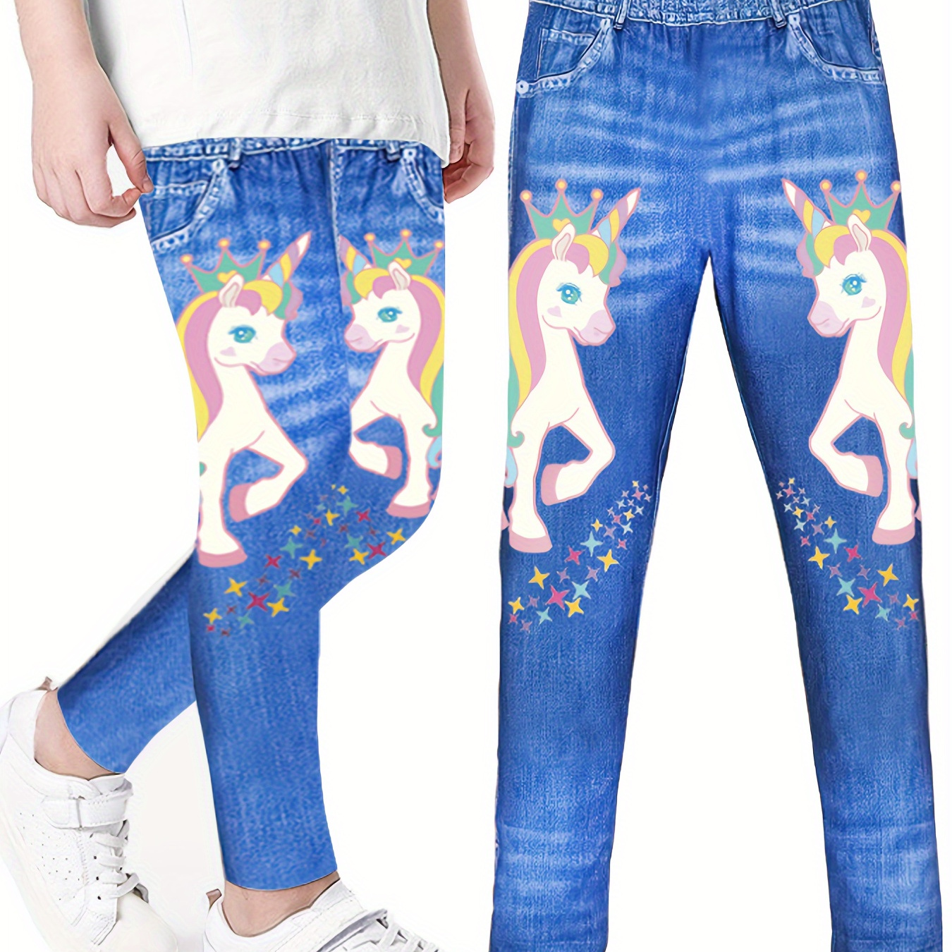

Girl's Cartoon Unicorn Pattern Faux Denim Print Trousers With Pockets, Causal Breathable Slightly Stretch Pants For City Walk Street Hanging Outdoor Activities