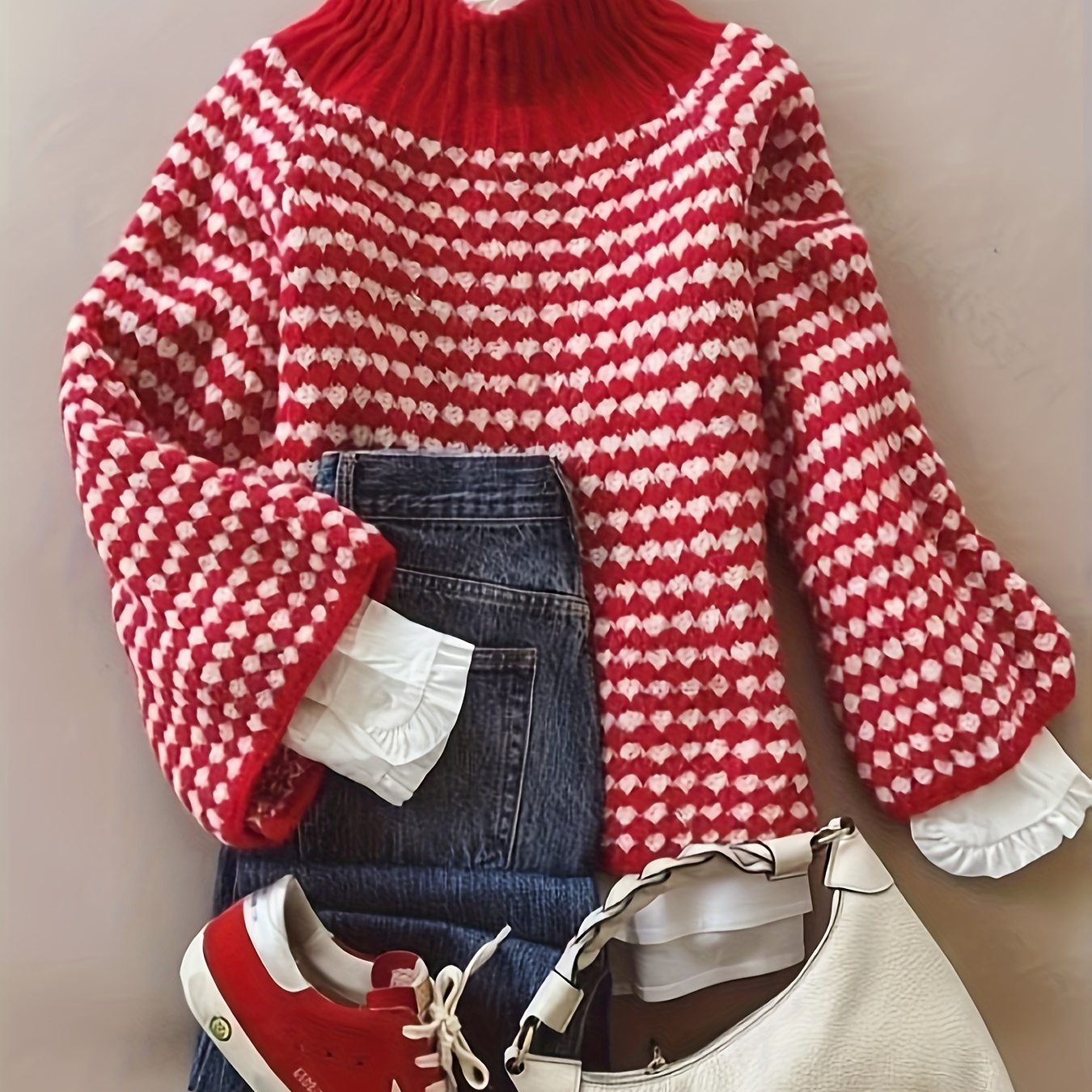 

Women's Elegant Red And White Striped Mock Neck Sweater - Chic Long Sleeve, Acrylic Knit Pullover For Fall/, Stylish Sweater|cuffed Sleeves|cozy Warm Top